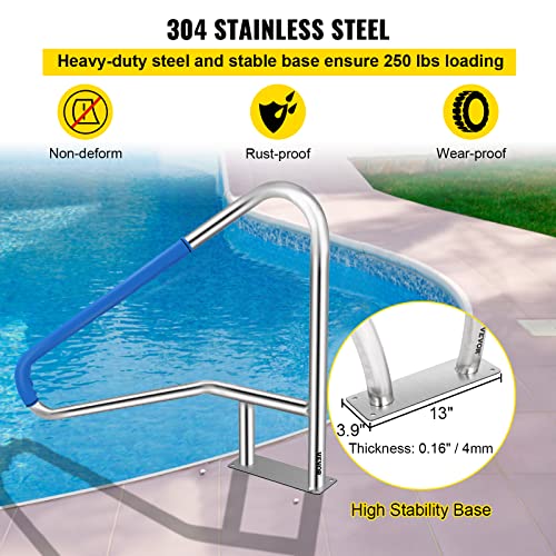 VEVOR Pool Rail 55x32 Pool Railing 304 Stainless Steel 250LBS Load Capacity Silver Rustproof Pool Handrail Humanized Swimming Pool Handrail with Blue Grip Cover & M8 Drill Bit & Self-Taping Screws - Image 6