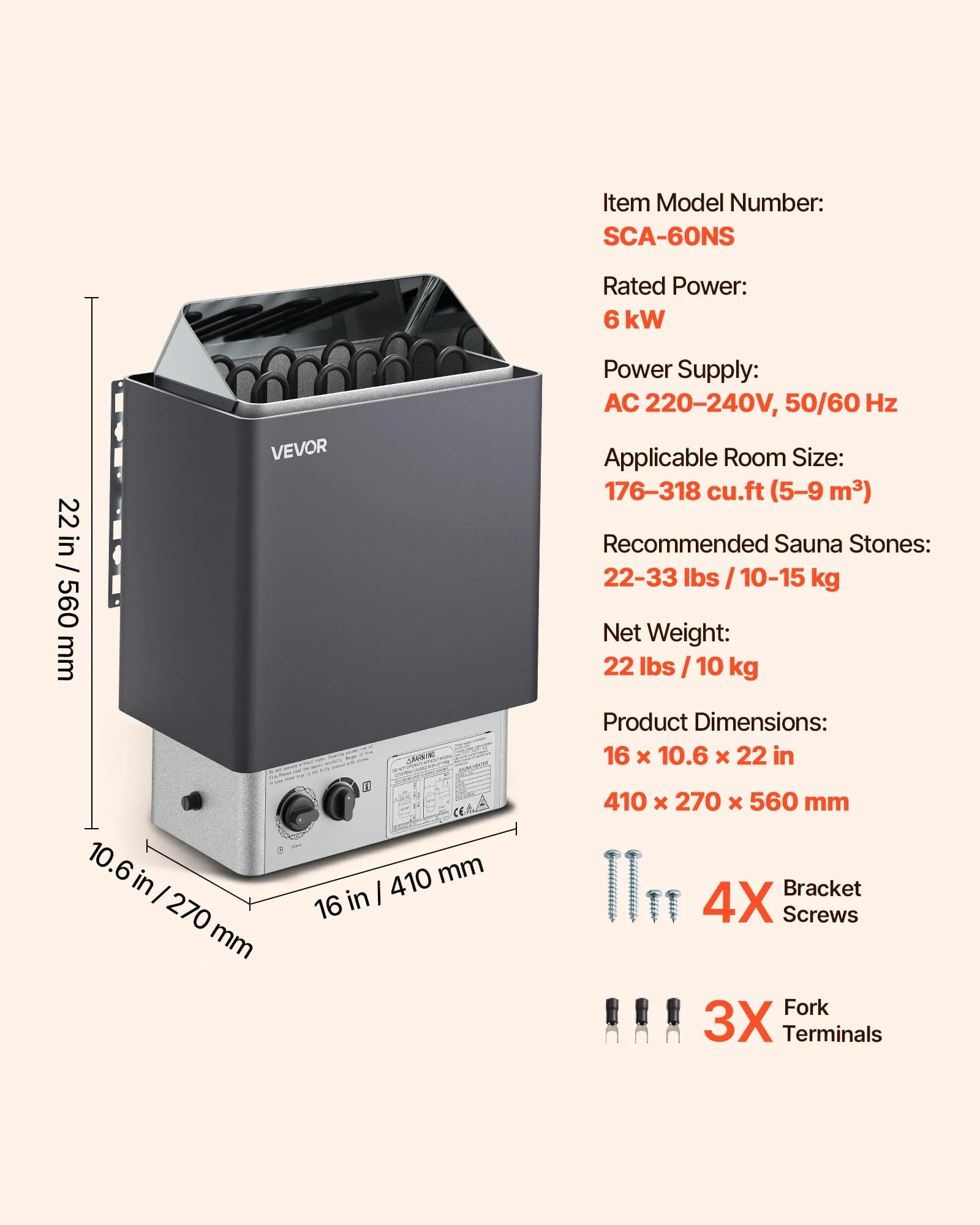 VEVOR Sauna Heater,220V Electric Sauna Stove, Steam Bath Sauna Heate 3h Timer and Adjustable Temp for Max. 176-318 Cubic Feet, Home Hotel Spa Shower Use (6KW) FCC Certification - Image 7