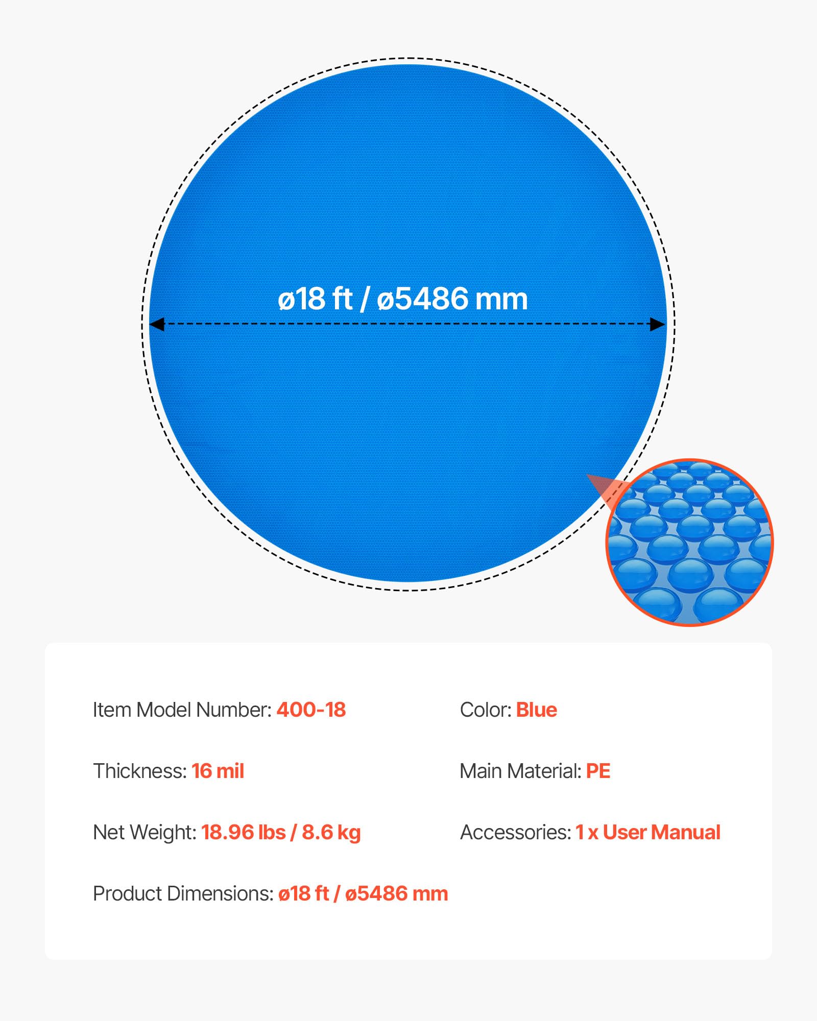VEVOR Solar Pool Cover, 18 ft Round Pool Bubble Cover, 16 Mil Pools Solar Blanket with Bubble & PE Material, Daytime Heat Absorption, Nighttime Heat Retention, Heat Retaining Solars Covers, Blue - Image 4