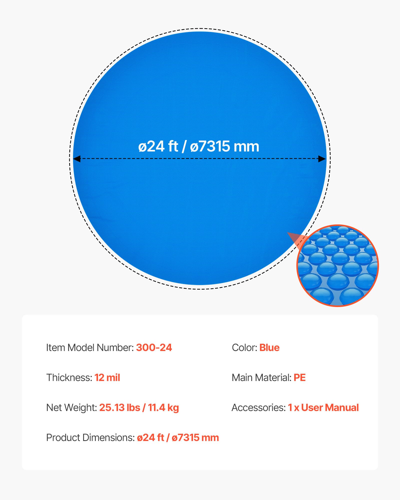VEVOR Solar Pool Cover, 24 ft Round Pool Bubble Cover, 12 Mil Pools Solar Blanket with Bubble & PE Material, Daytime Heat Absorption, Nighttime Heat Retention, Heat Retaining Solars Covers, Blue - Image 4