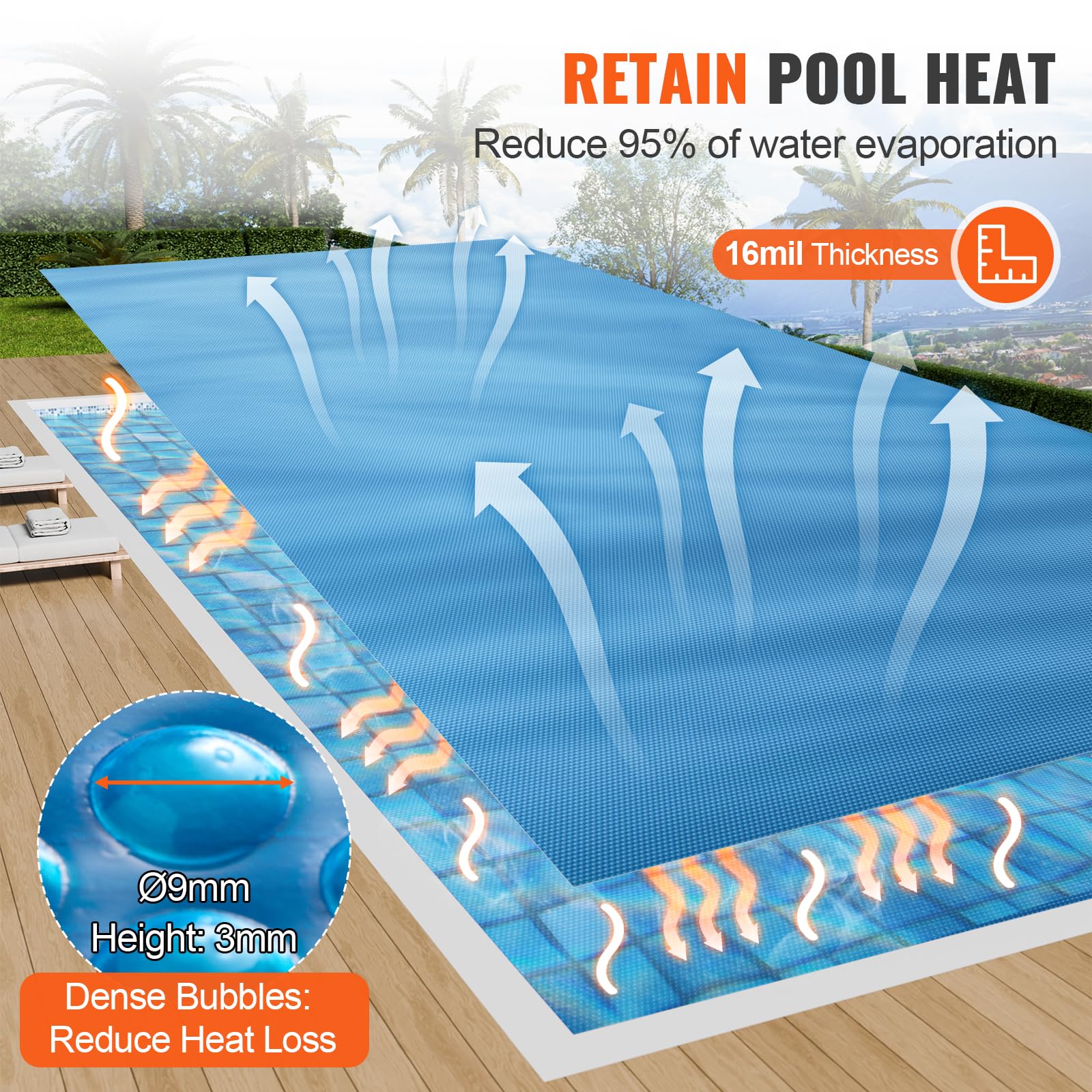 VEVOR Solar Pool Cover, 24 x 12 ft Rectangle Solar Cover 16 mil for Pools, Inground Above Ground Swimming Pool Solar Blanket with Bubble, Heat Retaining Solar Covers Blue - Image 9