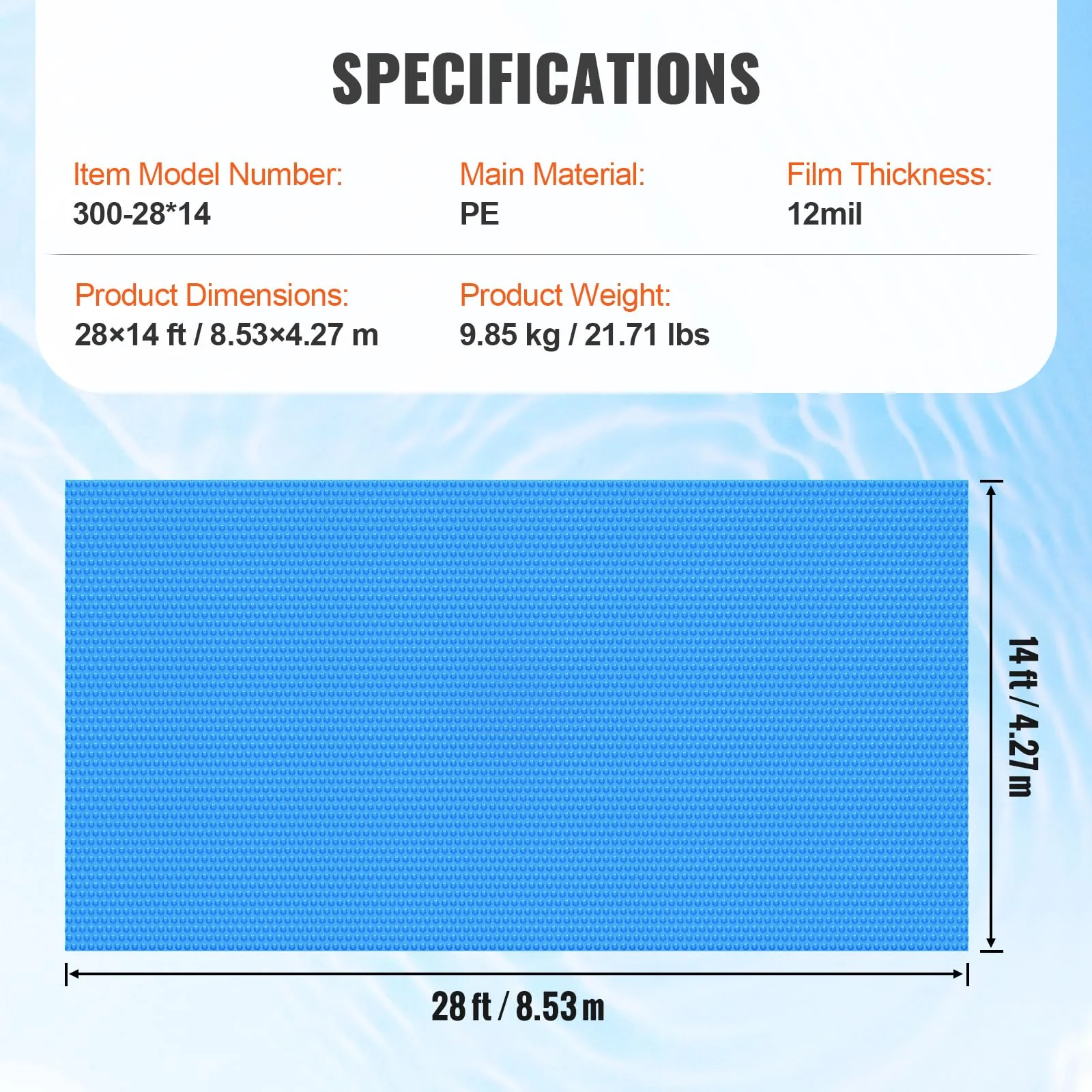VEVOR Solar Pool Cover, 28 x 14 ft Rectangle Solar Cover 12 mil for Pools, Inground Above Ground Swimming Pool Solar Blanket with Bubble, Heat Retaining Solar Covers Blue - Image 4