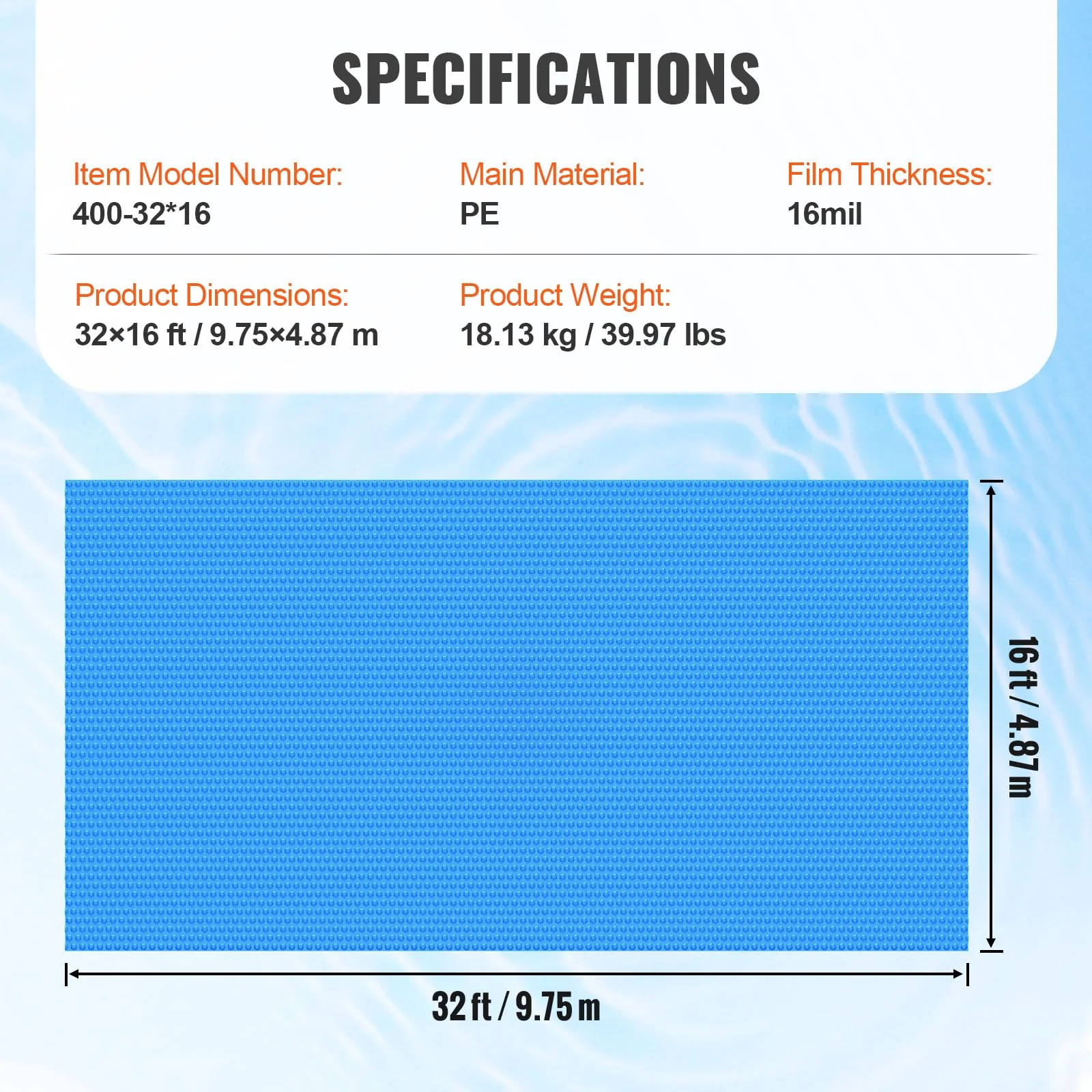 VEVOR Solar Pool Cover, 32 x 16 ft Rectangle Solar Blanket for Pools, 16 mil Solar Covers for Inground Above Ground Swimming Pool Solar, Blue - Image 4