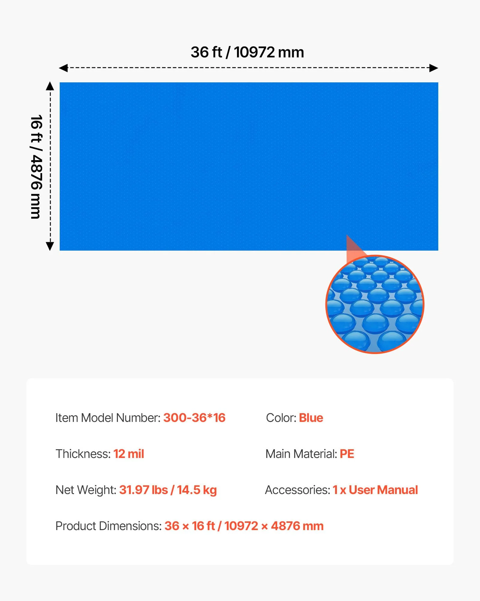VEVOR Solar Pool Cover, 36 x 16 ft Rectangle Pool Bubble Cover, 12 Mil Pools Solar Blanket with Bubble & PE Material, Daytime Heat Absorption, Nighttime Heat Retention, Heat Retaining Solars Covers - Image 4