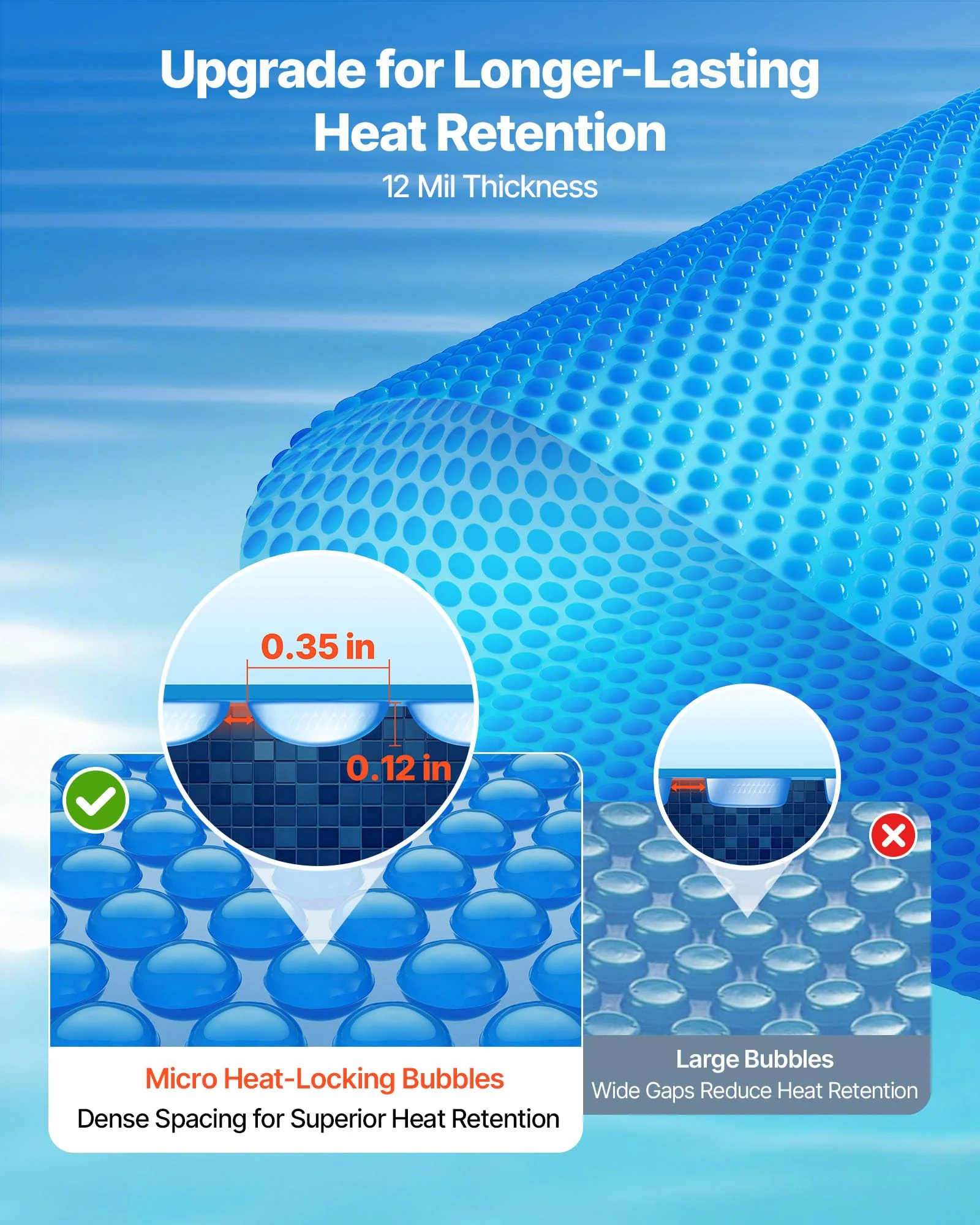 VEVOR Solar Pool Cover, 36 x 16 ft Rectangle Pool Bubble Cover, 12 Mil Pools Solar Blanket with Bubble & PE Material, Daytime Heat Absorption, Nighttime Heat Retention, Heat Retaining Solars Covers - Image 8
