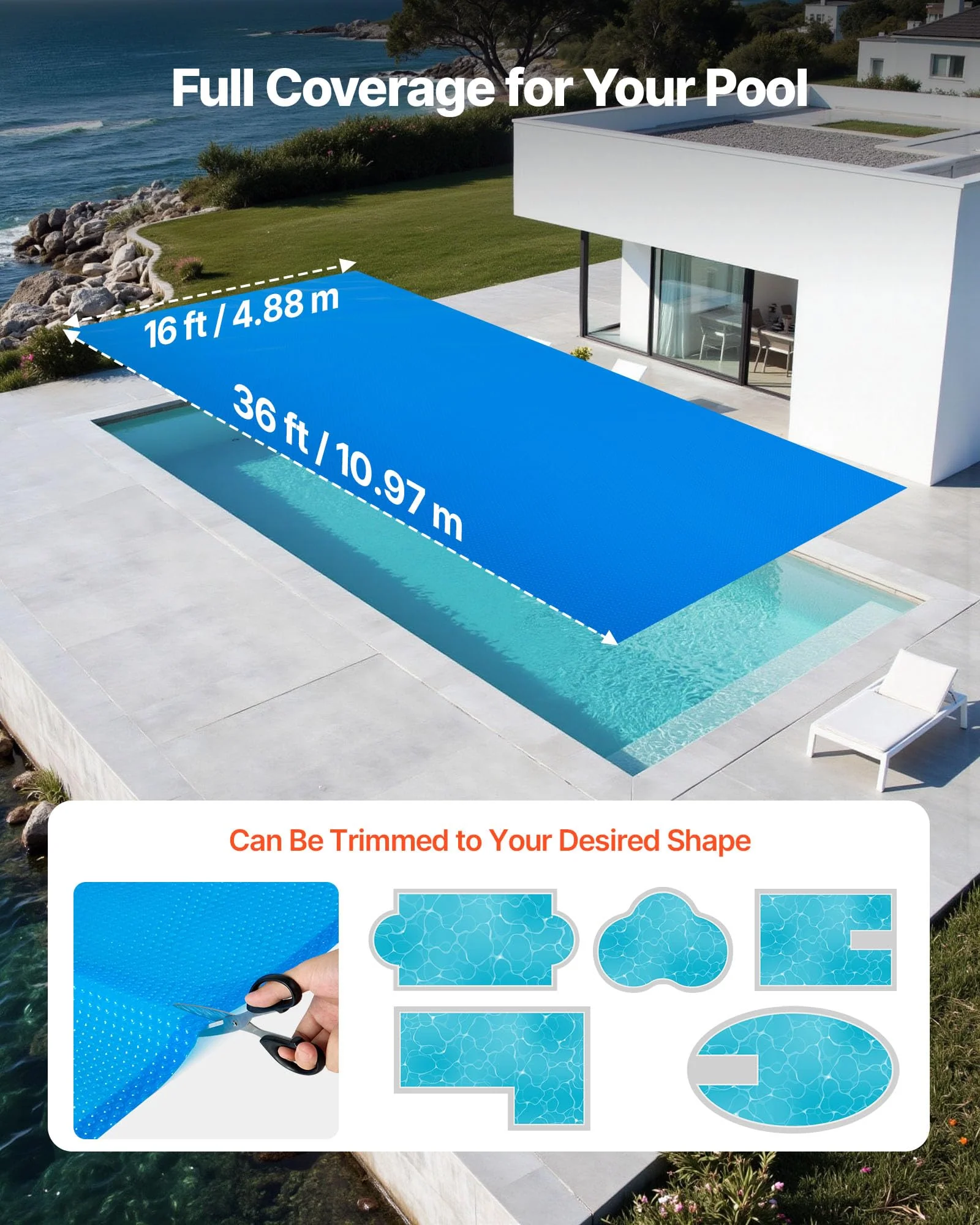 VEVOR Solar Pool Cover, 36 x 16 ft Rectangle Pool Bubble Cover, 12 Mil Pools Solar Blanket with Bubble & PE Material, Daytime Heat Absorption, Nighttime Heat Retention, Heat Retaining Solars Covers - Image 9