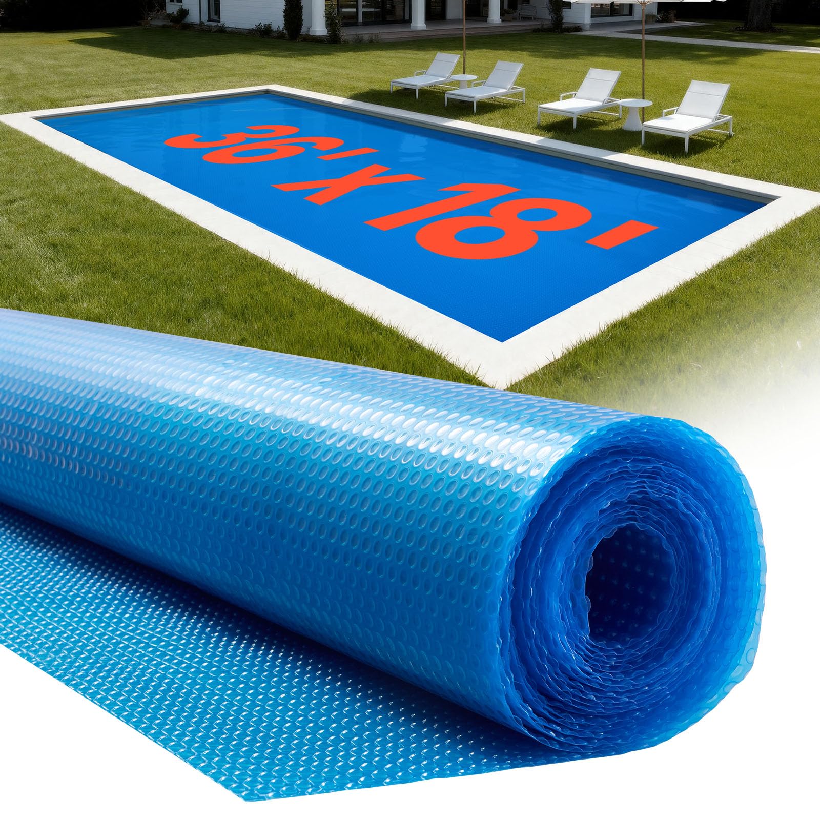 VEVOR Solar Pool Cover, 36 x 18 ft Rectangle Pool Bubble Cover, 8 Mil Pools Solar Blanket with Bubble & PE Material, Daytime Heat Absorption, Nighttime Heat Retention, Heat Retaining Solars Covers