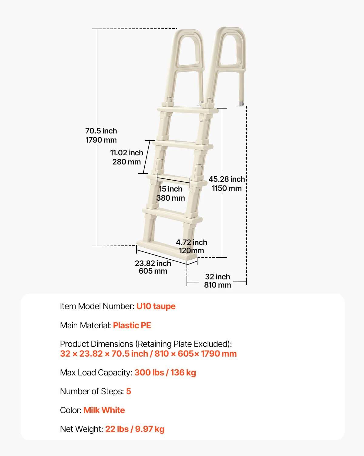 VEVOR Swimming Pool Ladder, 75°Inclined 5-Step Double Handrails Stair, Non-Slip Heavy Duty Steps, Load Capacity 300 lb, for 48-54 in Inground & Above-Ground Pools of Any Deck Surface Indoor & Outdoor - Image 7