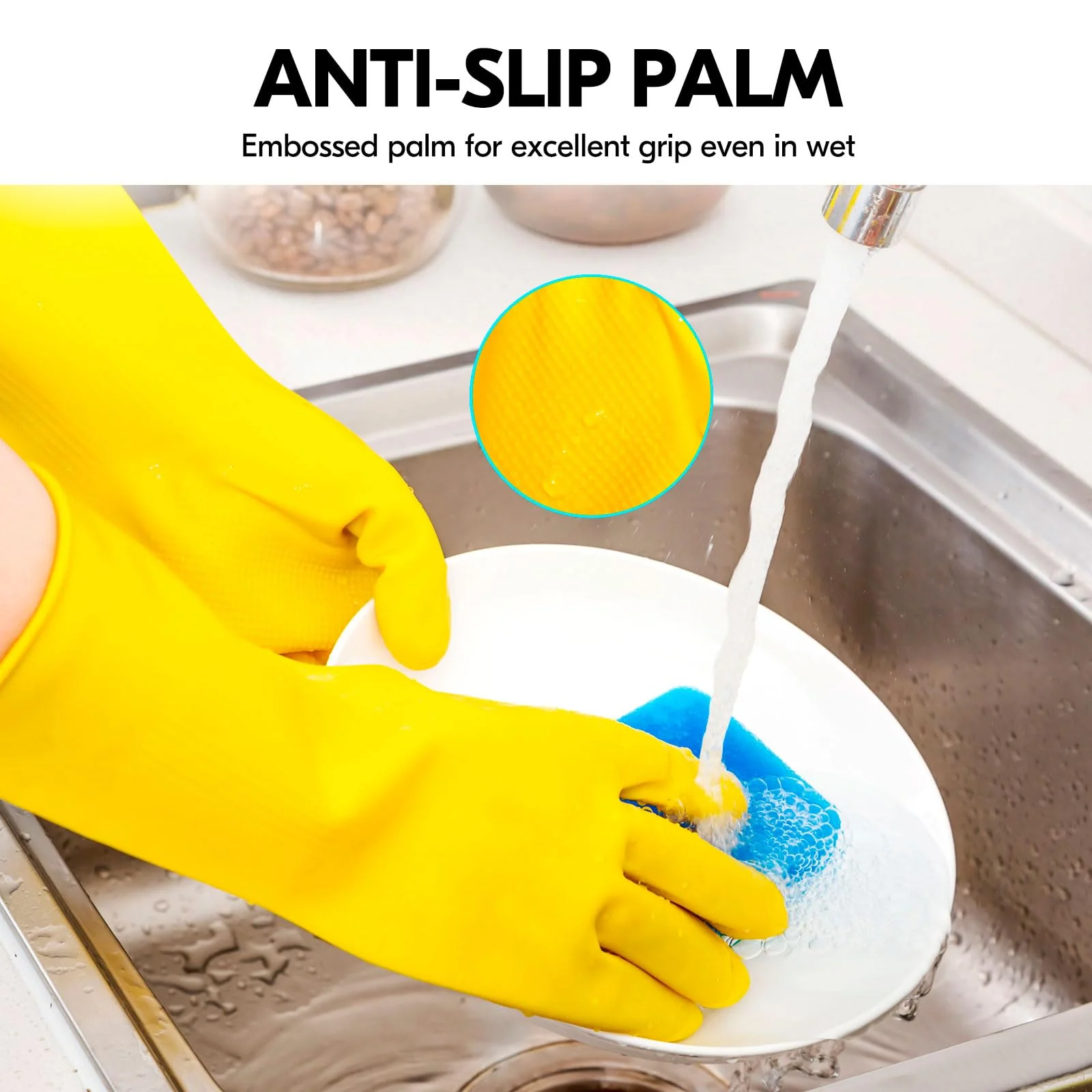 Vgo... 5-Pairs Reusable Household Gloves, Rubber Dishwashing gloves, Extra Thickness, Long Sleeves, Kitchen Cleaning, Working, Painting, Gardening, Pet Care (Size M, Yellow, HH4601) - Image 5