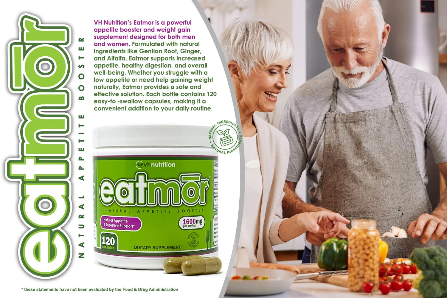 VH Nutrition Eatmor | Appetite Booster | Weight Gain Pills* for Women and Men | Designed for Women with Gentian, Ginger, Alfalfa | 120 Easy-to-Swallow Capsules - Image 6
