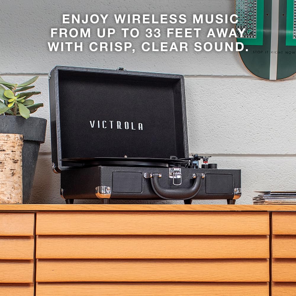 Victrola Journey Bluetooth Portable Suitcase Record Player – with Built-in Speakers, 3 Speed Vinyl Record Player, RCA Out, Headphone Jack (Black) - Image 6