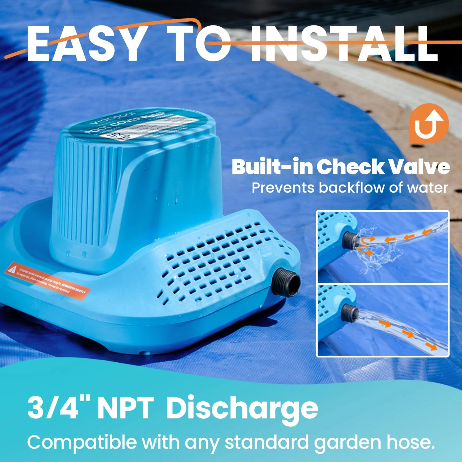 Vidapool 1/2 HP Pool Cover Pump Automatic On Off, Submersible Sump Pump Inground/Above Ground, 2169 GPH Water Removal Pump with 25 Feet Power Cord for Swimming Pool, Pond, Basement, Window Well - Image 4