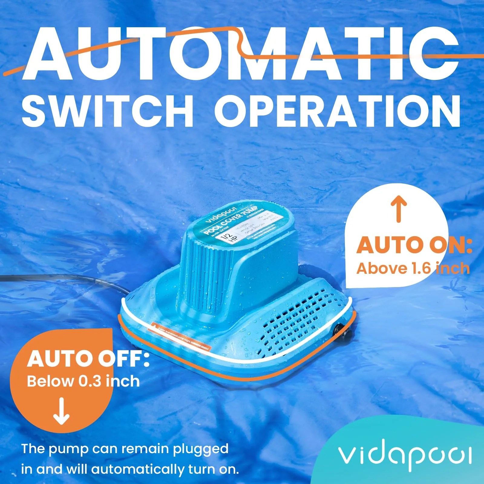 Vidapool 1/2 HP Pool Cover Pump Automatic On Off, Submersible Sump Pump Inground/Above Ground, 2169 GPH Water Removal Pump with 25 Feet Power Cord for Swimming Pool, Pond, Basement, Window Well - Image 5