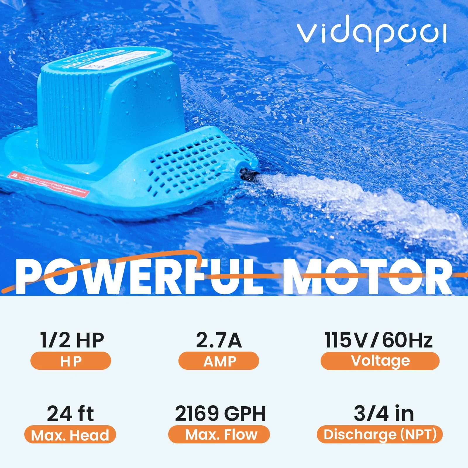 Vidapool 1/2 HP Pool Cover Pump Automatic On Off, Submersible Sump Pump Inground/Above Ground, 2169 GPH Water Removal Pump with 25 Feet Power Cord for Swimming Pool, Pond, Basement, Window Well - Image 6