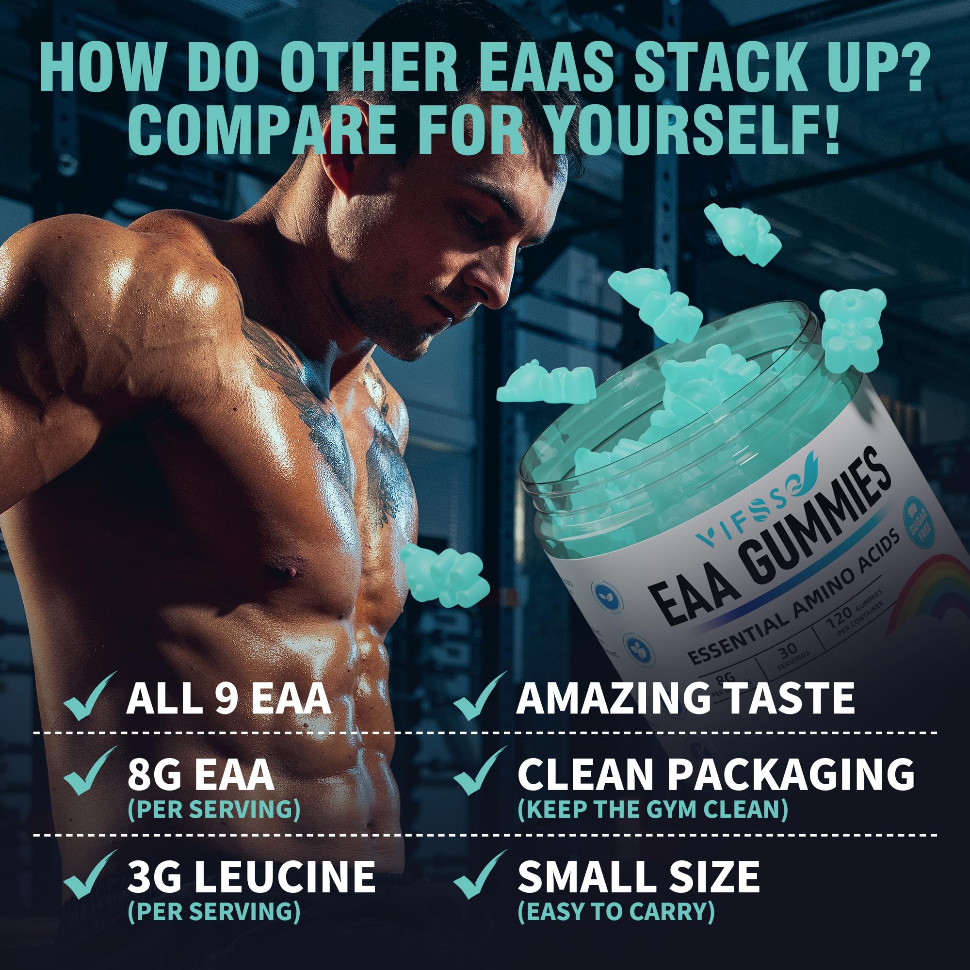 VIFSSG EAA Gummies 120 Gummies (Blue Raspberry), Essential Amino Acids - All 9 Essential Aminos (EAA) and All Branched-Chain Aminos (BCAAs), Non-GMO, Gluten Free, Vegetarian Friendly - Image 5