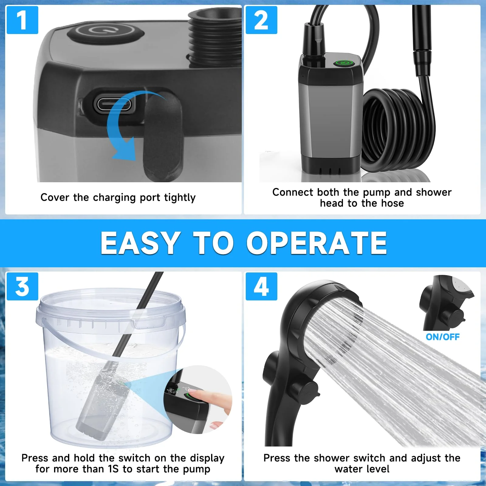 vignuto Portable Shower for Camping, Rechargeable Camping Shower kit with LED Display of Battery Level and Temperature, Lasting-150 Mins, Suitable for Outdoor Shower, Pet Bath, Car Washing - Image 2