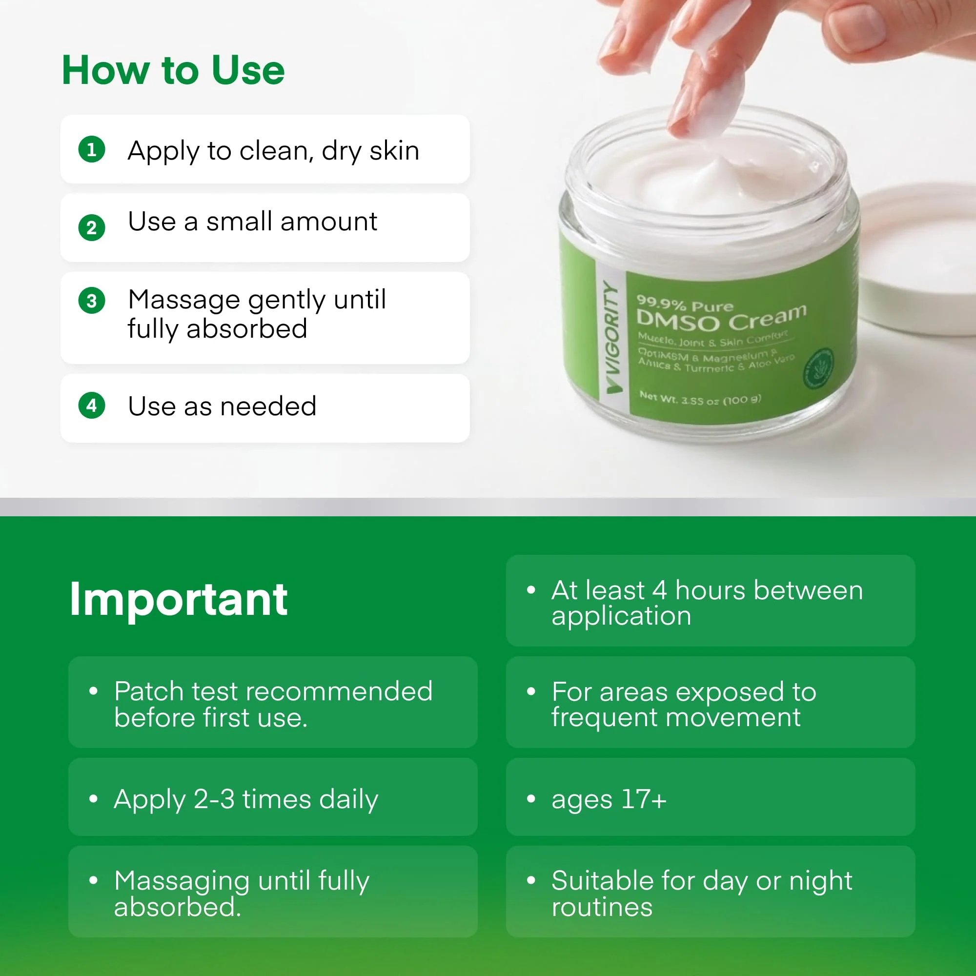 Vigority DMSO Cream 99.9% Pure for Topical Joint, Muscle Comfort - DMSO Pharmaceutical Grade Cream with Arnica, Magnesium, Turmeric, OptiMSM, Aloe Vera 3.53oz - Image 2