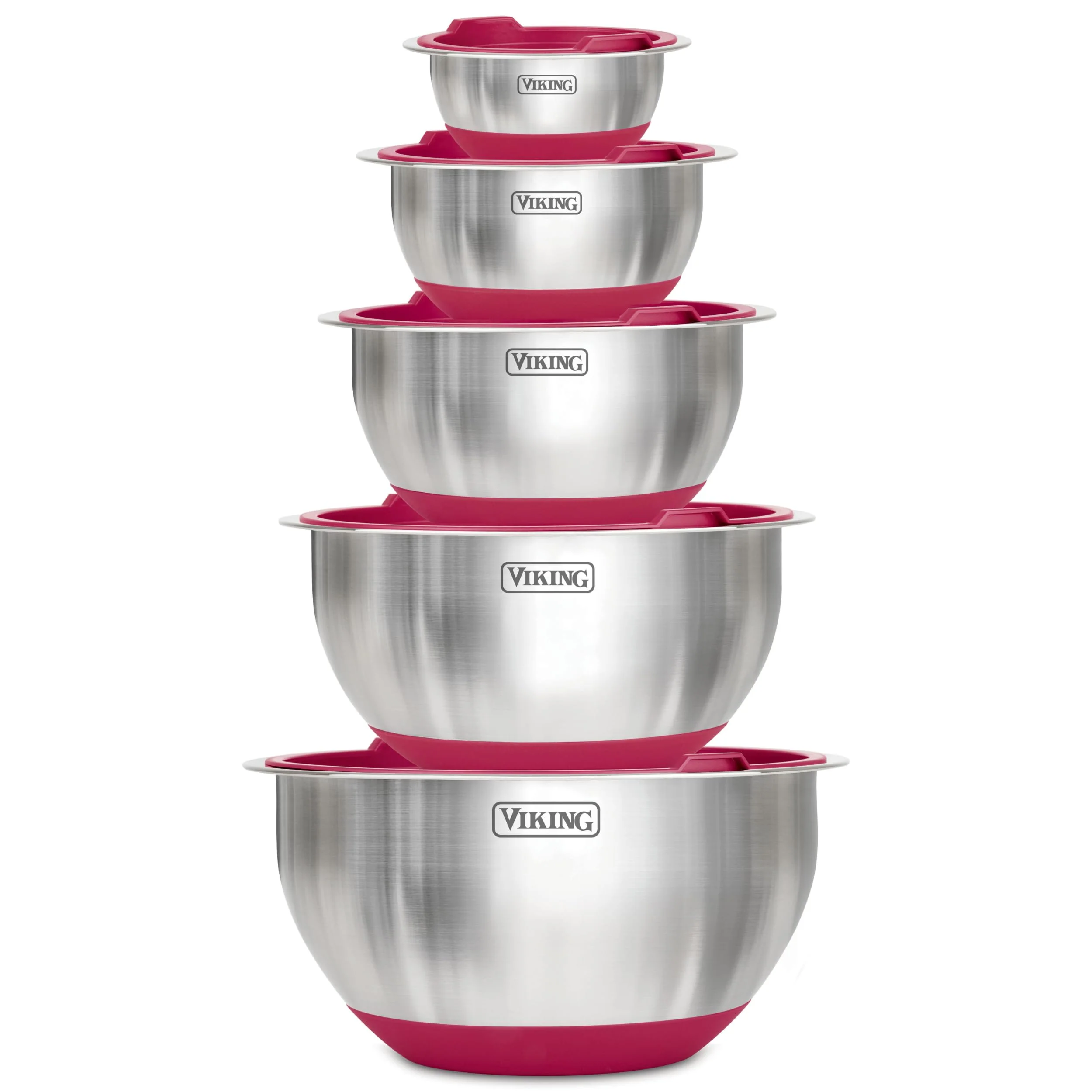 Viking Mixing Bowls Set, 10 Piece Stainless Steel Kitchen Cookware, Non-Slip Silicone Base, Includes Tight Fit Lids, Dishwasher Safe, Red