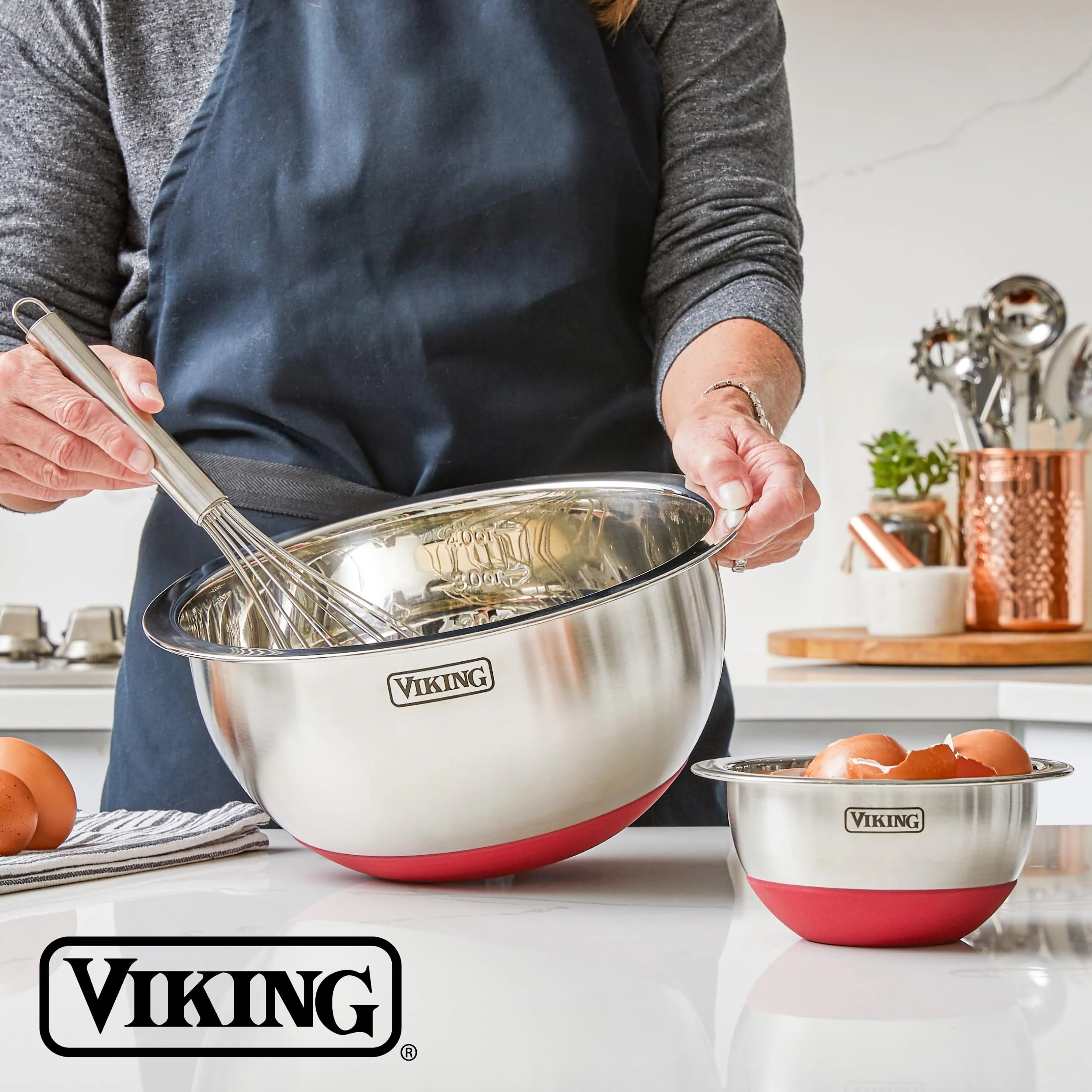 Viking Mixing Bowls Set, 10 Piece Stainless Steel Kitchen Cookware, Non-Slip Silicone Base, Includes Tight Fit Lids, Dishwasher Safe, Red - Image 2