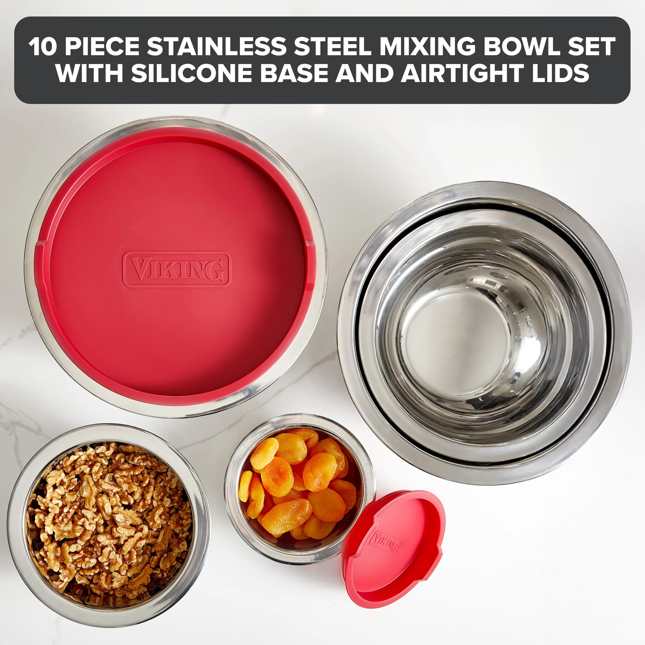 Viking Mixing Bowls Set, 10 Piece Stainless Steel Kitchen Cookware, Non-Slip Silicone Base, Includes Tight Fit Lids, Dishwasher Safe, Red - Image 6