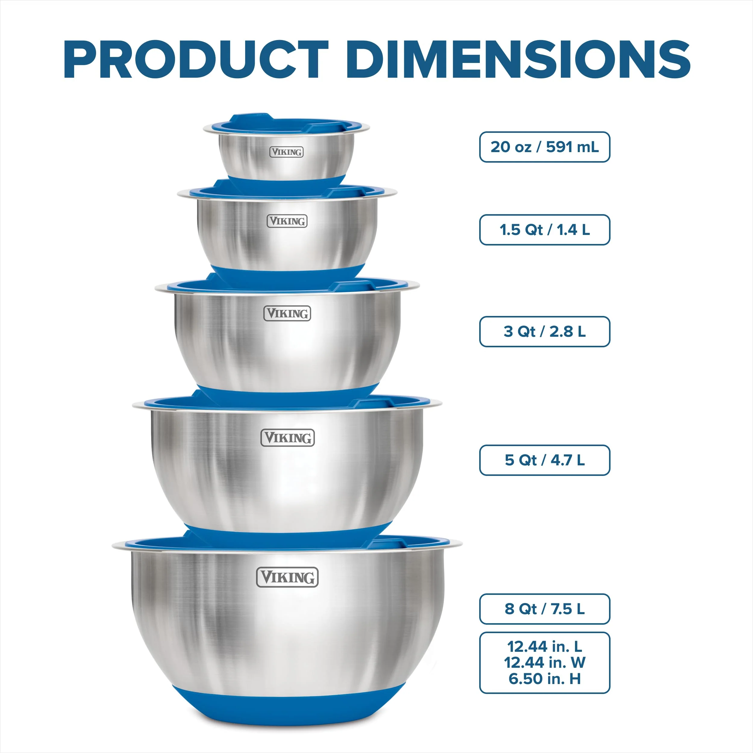 Viking Mixing Bowls Set, 10 Piece Stainless Steel Kitchen Cookware, Non-Slip Silicone Base, Includes Tight Fit Lids, Dishwasher Safe, Teal - Image 3