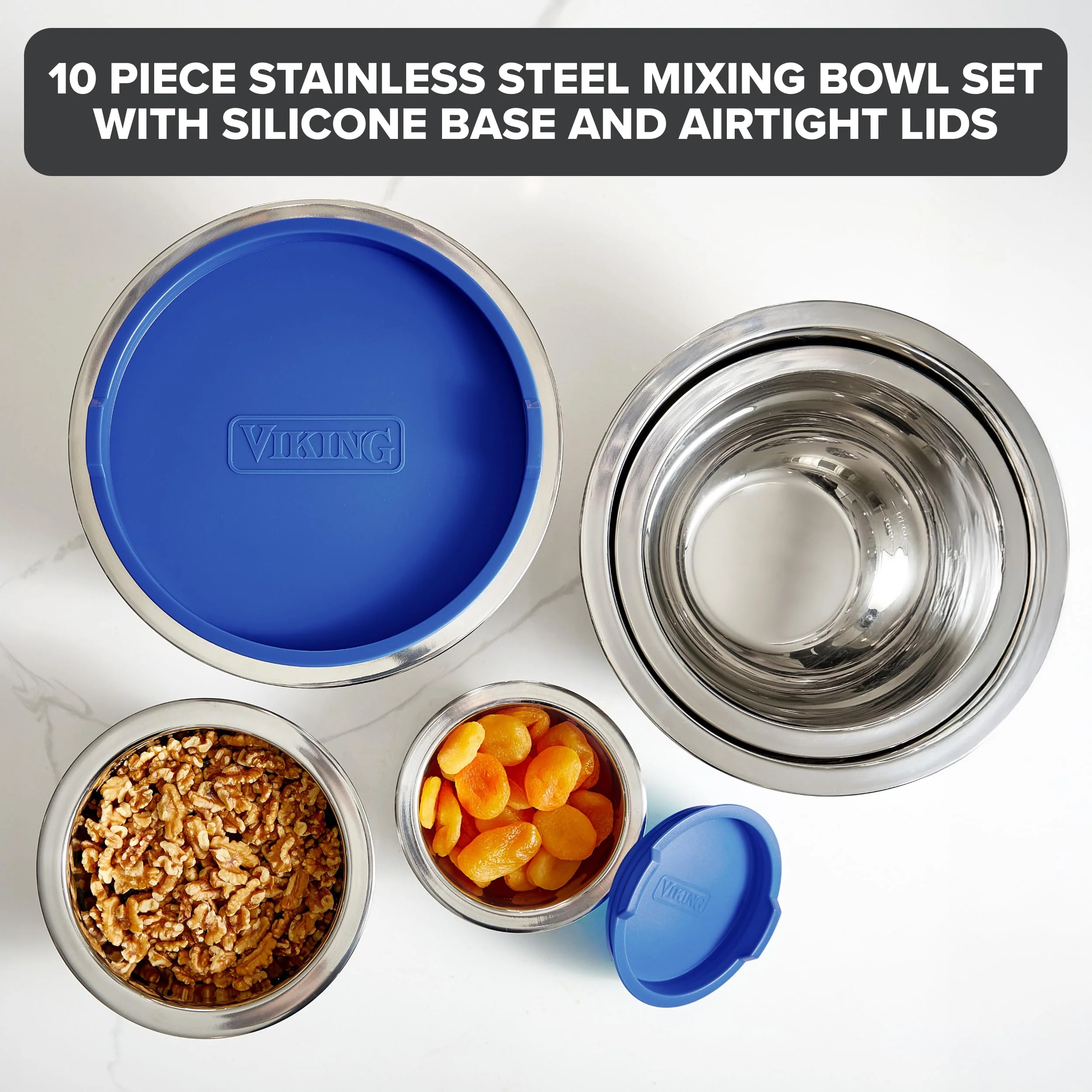 Viking Mixing Bowls Set, 10 Piece Stainless Steel Kitchen Cookware, Non-Slip Silicone Base, Includes Tight Fit Lids, Dishwasher Safe, Teal - Image 6