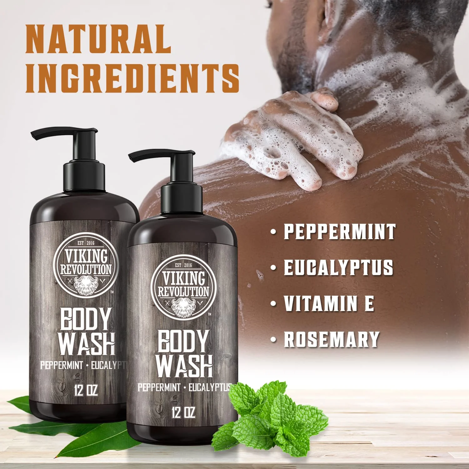 Viking Revolution Men's Body Wash - Eucalyptus Peppermint Body Wash for Men - Mens Natural Body Wash with Vitamin E and Rosemary Oil - Mens Shower Gel Liquid Soap - Peppermint Mens Bodywash (2 Pack) - Image 6