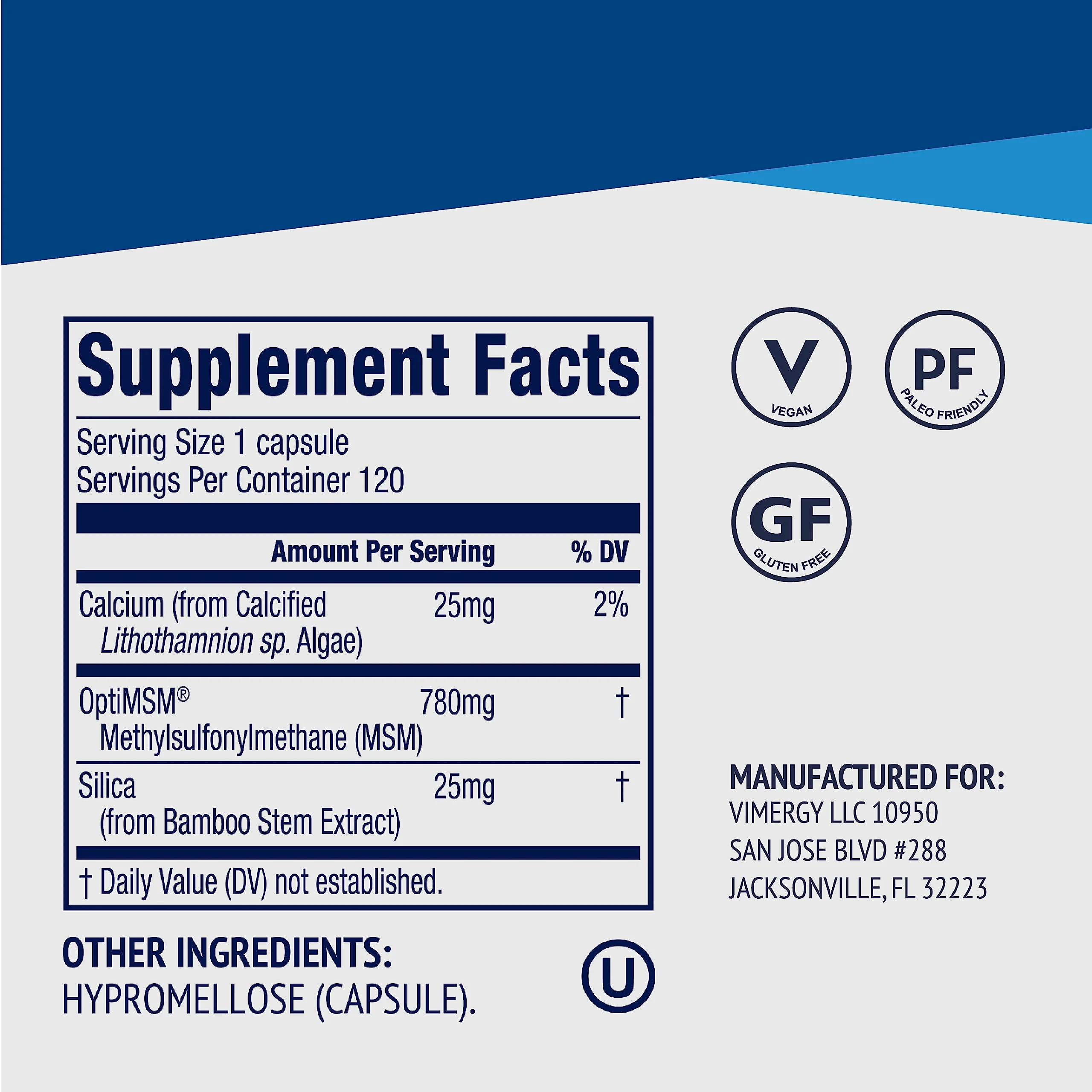 Vimergy MSM with Silica + Calcium Capsules, 120 Servings – Supports Bone Health – Promotes Hair & Nail Health – Non-GMO, Gluten-Free, Kosher, Soy-Free, Corn-Free, Vegan & Paleo Friendly - Image 4
