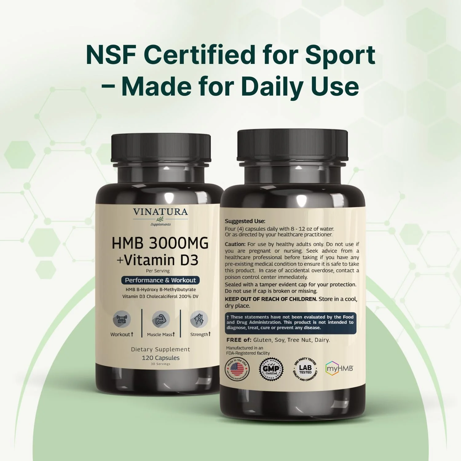 VINATURA HMB 3000mg and Vitamin D3 Supplement - HMB (Beta-Hydroxy Beta-Methylbutyrate), Vitamin D3 (1600 IU), Made in USA & NSF Certified for Sport - 120 Capsules - Image 2