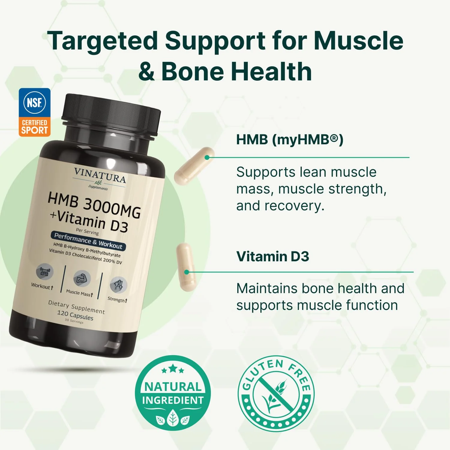 VINATURA HMB 3000mg and Vitamin D3 Supplement - HMB (Beta-Hydroxy Beta-Methylbutyrate), Vitamin D3 (1600 IU), Made in USA & NSF Certified for Sport - 120 Capsules - Image 7