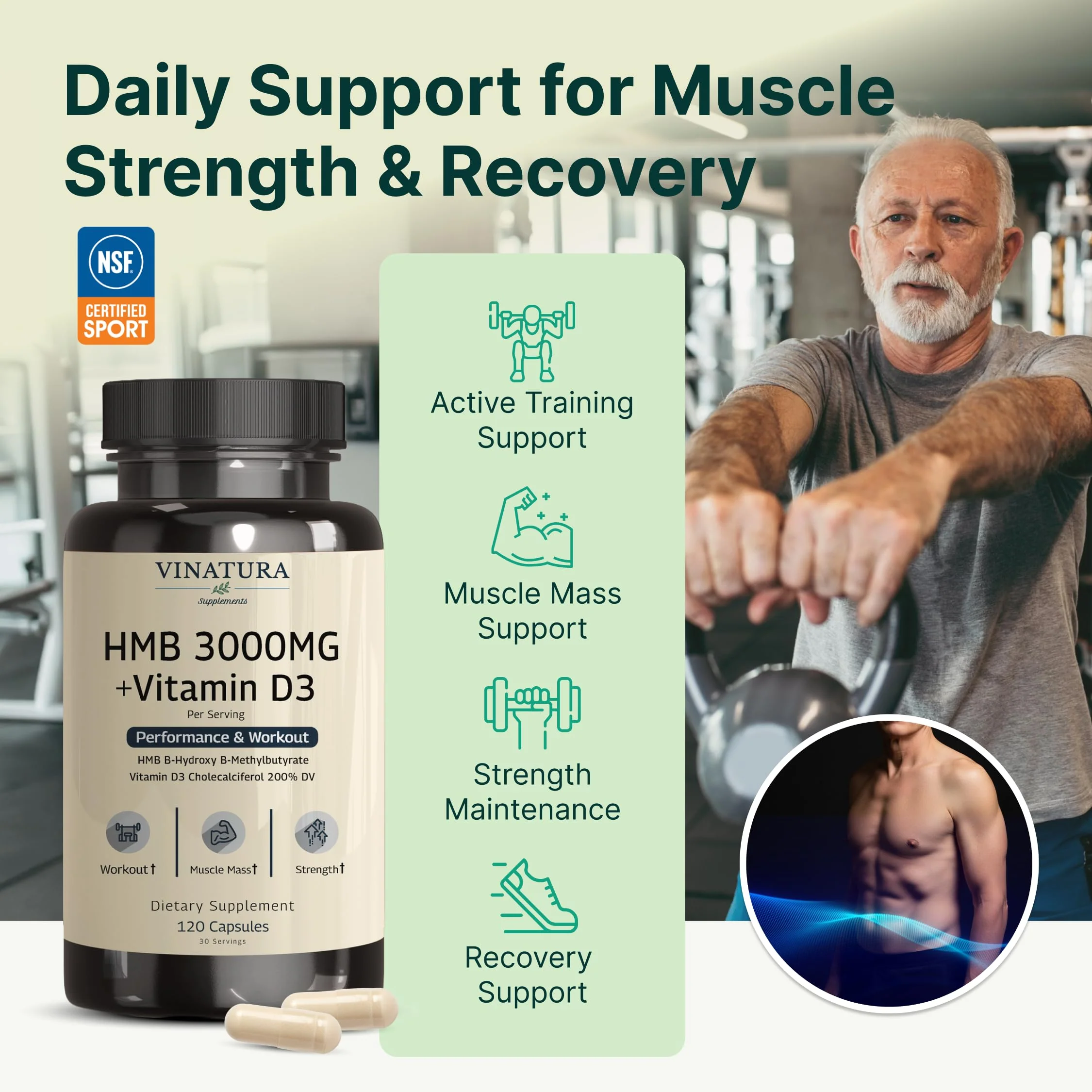 VINATURA HMB 3000mg and Vitamin D3 Supplement - HMB (Beta-Hydroxy Beta-Methylbutyrate), Vitamin D3 (1600 IU), Made in USA & NSF Certified for Sport - 120 Capsules - Image 8