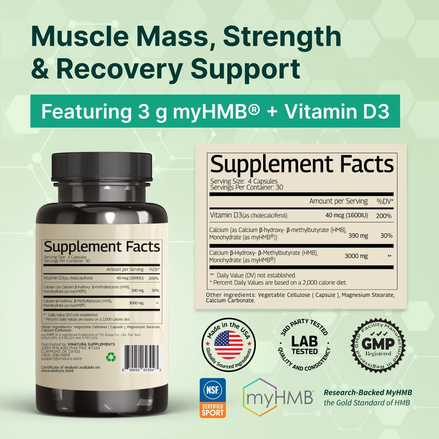 VINATURA HMB 3000mg and Vitamin D3 Supplement - HMB (Beta-Hydroxy Beta-Methylbutyrate), Vitamin D3 (1600 IU), Made in USA & NSF Certified for Sport - 120 Capsules - Image 9