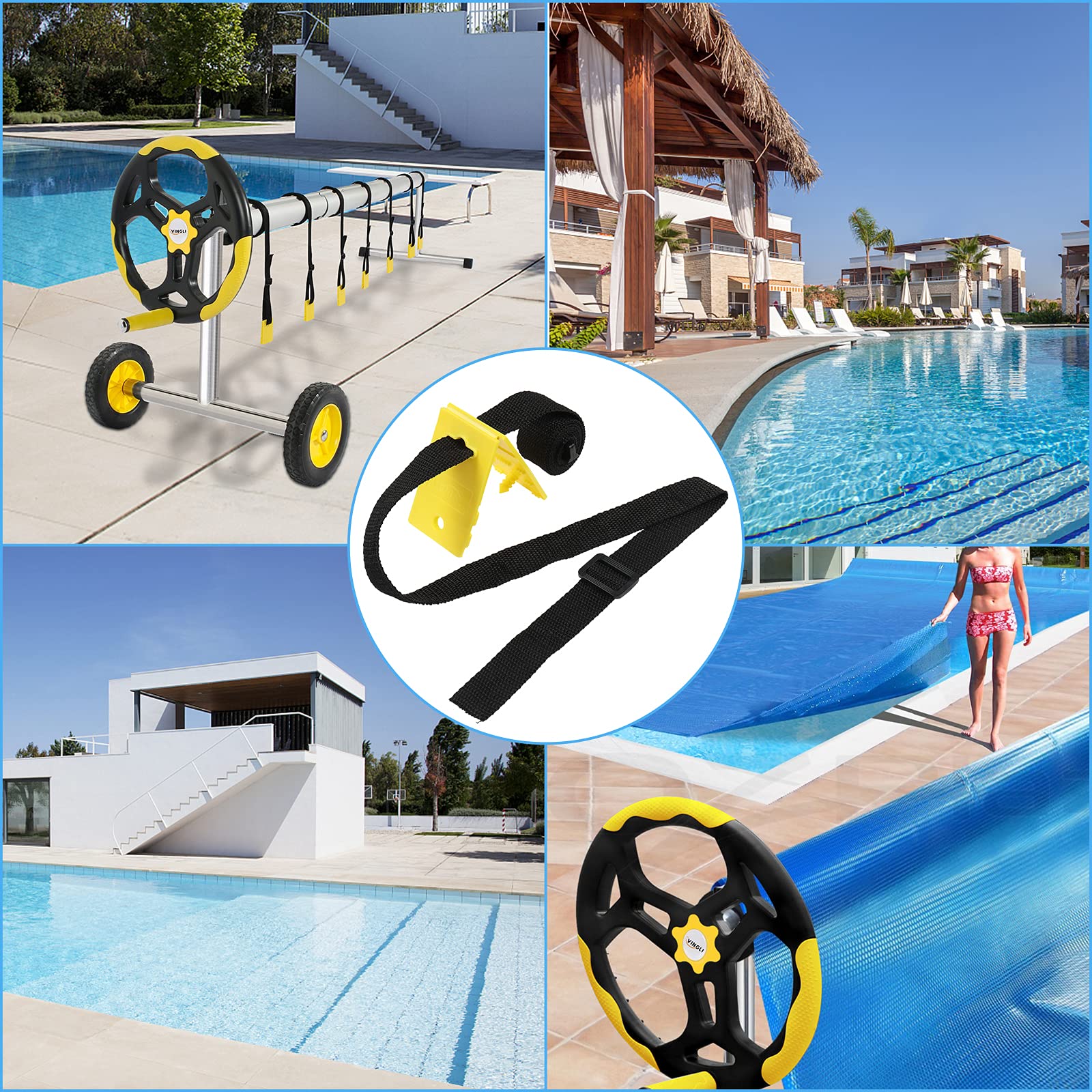 VINGLI Pool Cover Reel Set Pool Reel Embedded Straps with Clips, Pool Solar Cover Reel Attachment Kit,Including 8 Adhesive Nylon Straps, 12 Cord Plates,8 Buckles for In-ground Swimming Pool - Image 6
