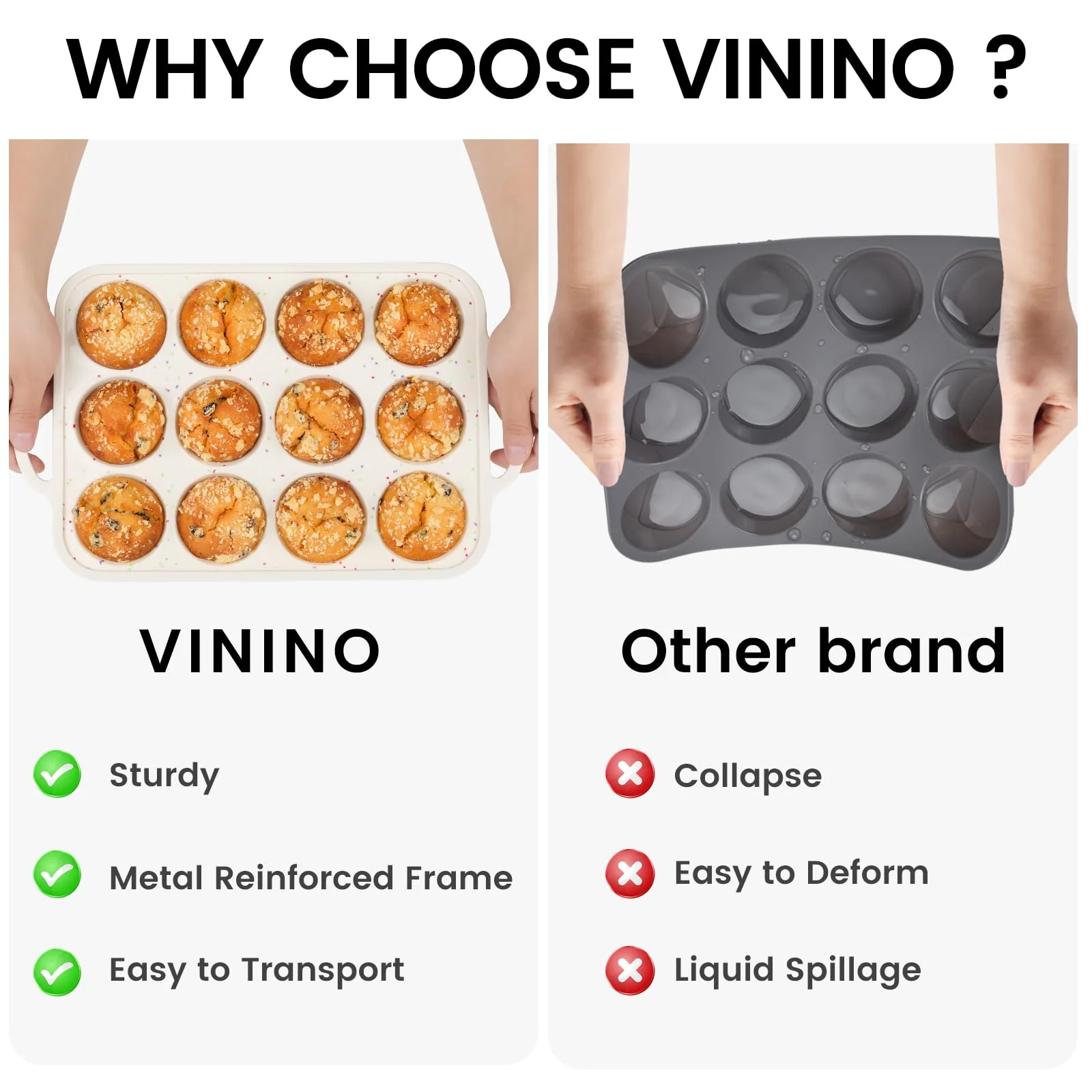 Vinino 2Pack Silicone Muffin Pan for Baking with Metal Reinforced Frame, Regular 12 Cup and Jumbo 6 Cup Nonstick Cupcake Pan Set, BPA Free Silicone Muffin Tray Molds for Oven Dishwasher Safe - Image 4