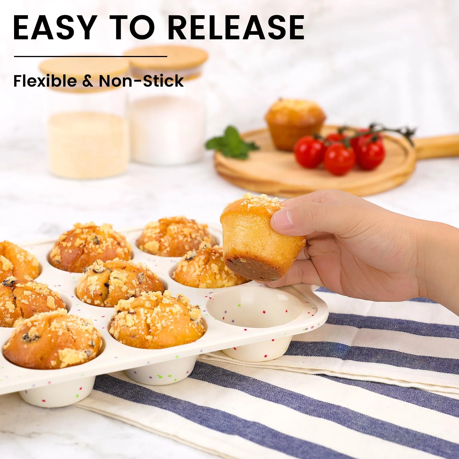 Vinino 2Pack Silicone Muffin Pan for Baking with Metal Reinforced Frame, Regular 12 Cup and Jumbo 6 Cup Nonstick Cupcake Pan Set, BPA Free Silicone Muffin Tray Molds for Oven Dishwasher Safe - Image 6
