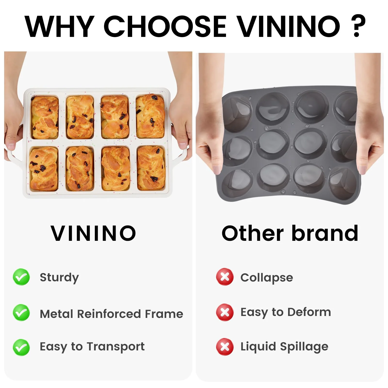 Vinino Silicone Mini Loaf Pans with Metal Reinforced Frame-2 Pack, Non-stick Silicone Bread Pan for Baking 8-Cavity, Tiny Banana Bread Set, Dishwasher Safe Brownie Pan-Cream - Image 6