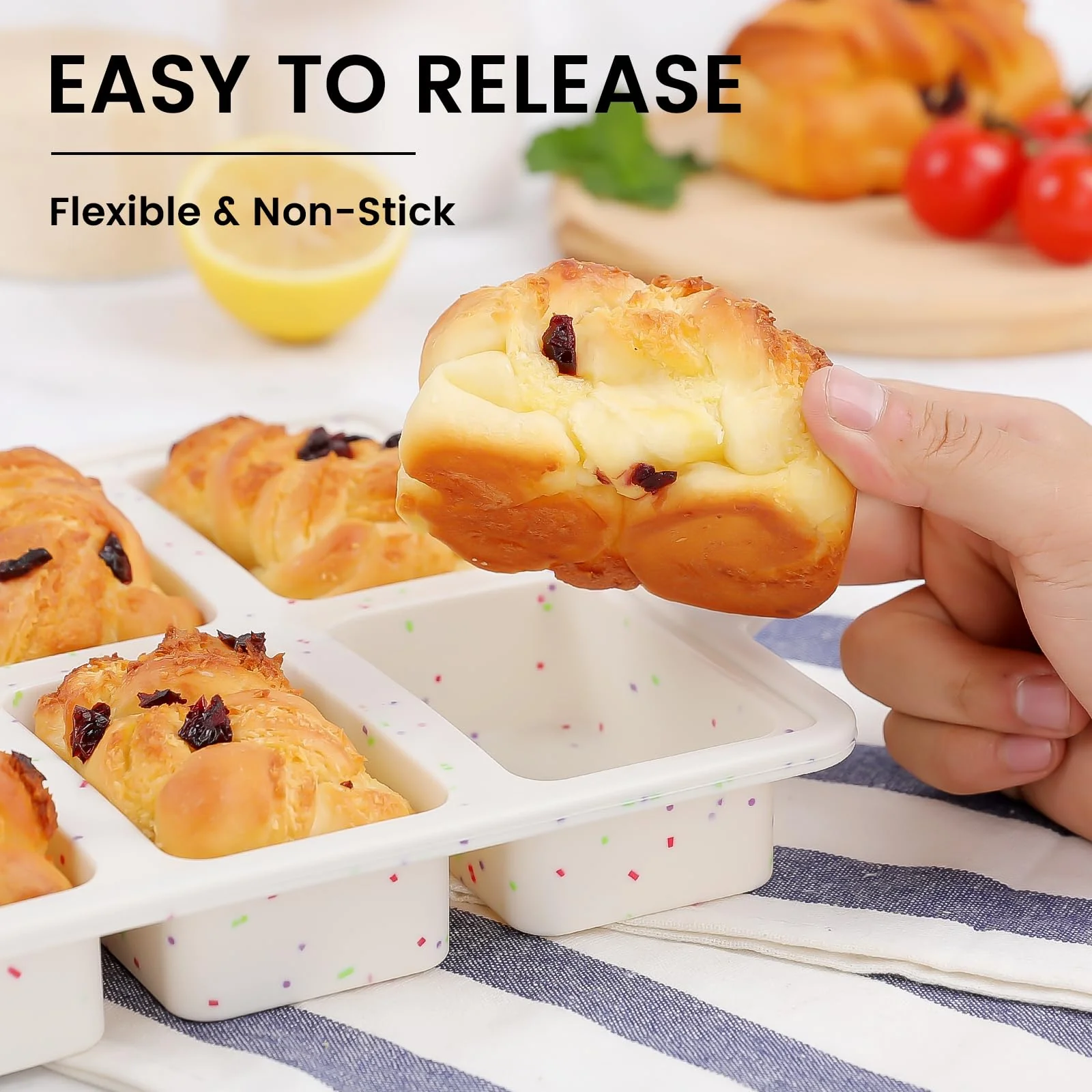 Vinino Silicone Mini Loaf Pans with Metal Reinforced Frame-2 Pack, Non-stick Silicone Bread Pan for Baking 8-Cavity, Tiny Banana Bread Set, Dishwasher Safe Brownie Pan-Cream - Image 7