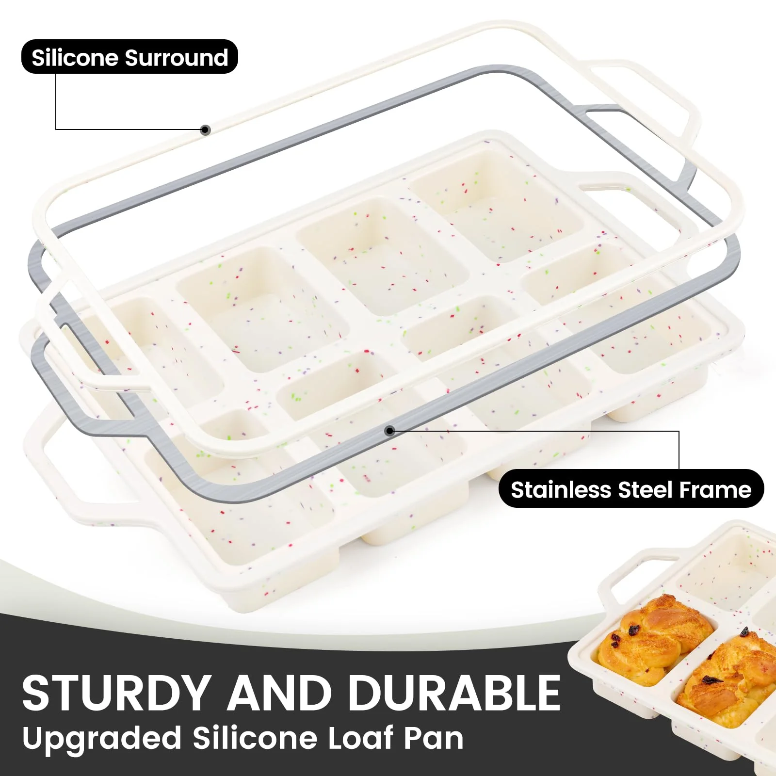Vinino Silicone Mini Loaf Pans with Metal Reinforced Frame-2 Pack, Non-stick Silicone Bread Pan for Baking 8-Cavity, Tiny Banana Bread Set, Dishwasher Safe Brownie Pan-Cream - Image 8
