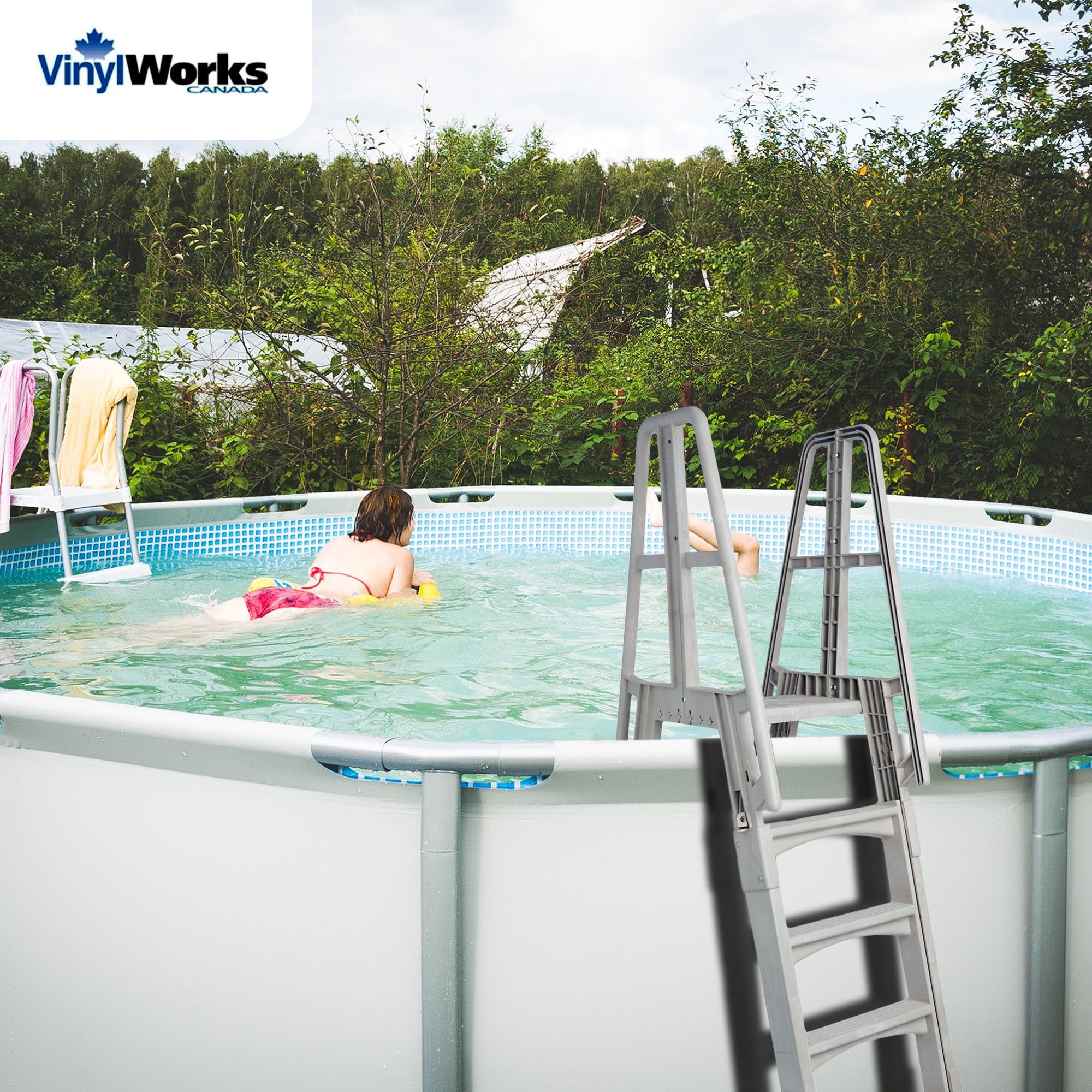 Vinyl Works SLA A-Frame 48 to 56 Inch Adjustable Above Ground Swimming Pool Ladder Entry System with Slide Lock Barrier and Handrails, White - Image 7