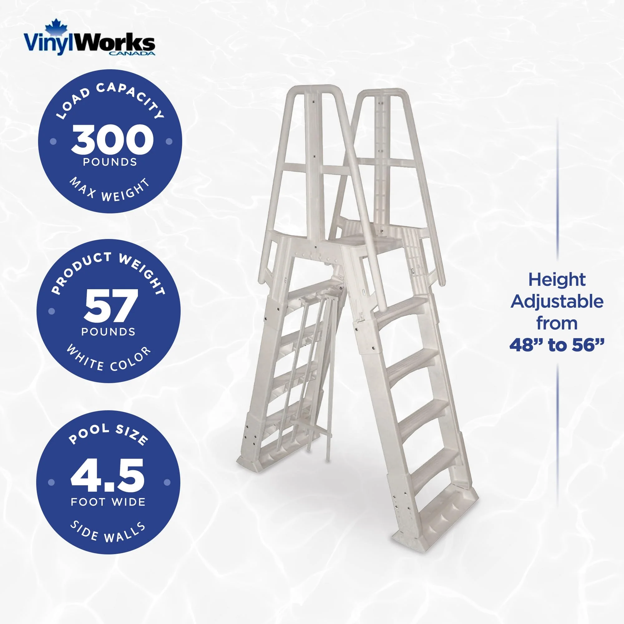 Vinyl Works SLA A-Frame 48 to 56 Inch Adjustable Above Ground Swimming Pool Ladder Entry System with Slide Lock Barrier and Handrails, White - Image 8