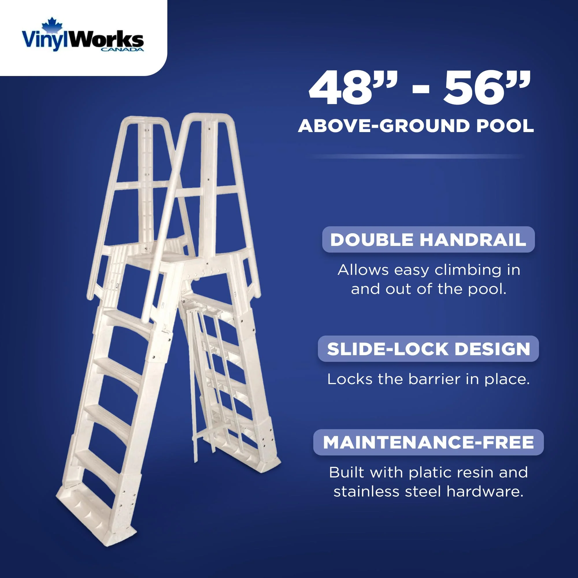 Vinyl Works SLA A-Frame 48 to 56 Inch Adjustable Above Ground Swimming Pool Ladder Entry System with Slide Lock Barrier and Handrails, White - Image 9