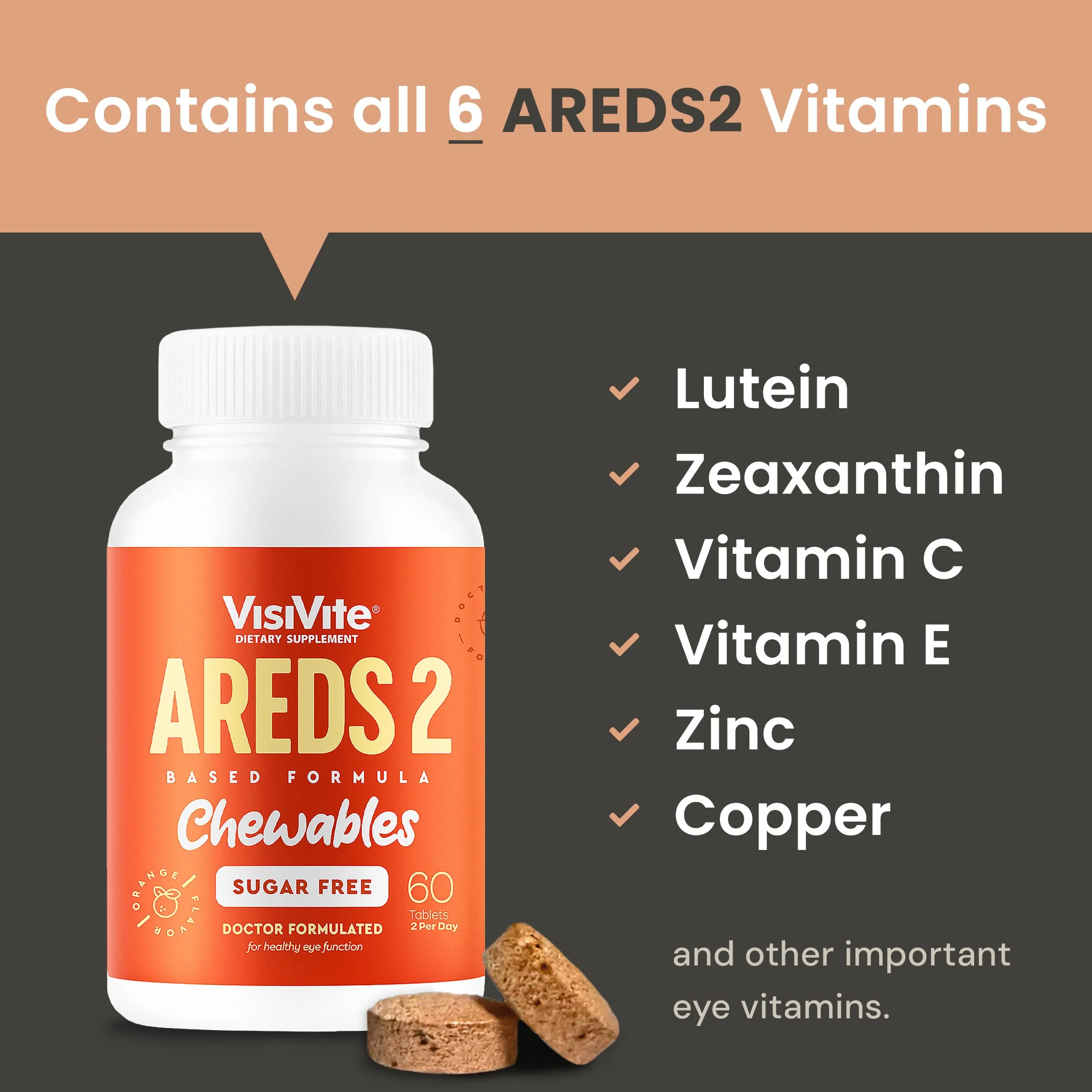 VisiVite AREDS 2 Sugar-Free Eye Vitamins - Alternative to Lutein Gummies for Eyes - Lutein for Eye Health - Premium Sugar-Free Eye Vitamins - Eye Care Supplements for Adults (Chewable Tablets) - Image 3