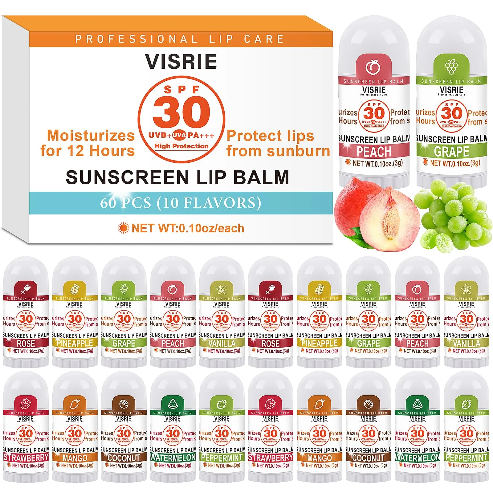 VISRIE SPF 30 Sunscreen Lip Balm, SPF Lip Balm Bulk 60 Count, Broad Spectrum UVA/UVB Lip Sunscreen Moisturize with Vitamin E and Coconut Oil- 10 Flavors