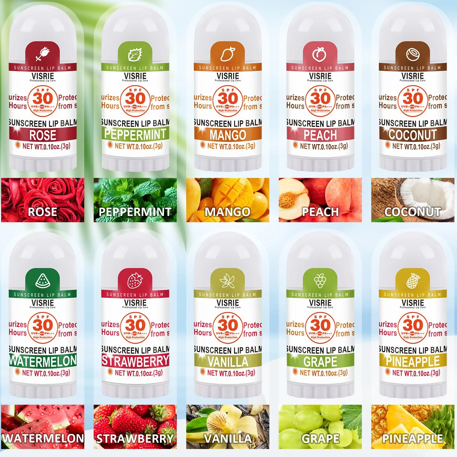 VISRIE SPF 30 Sunscreen Lip Balm, SPF Lip Balm Bulk 60 Count, Broad Spectrum UVA/UVB Lip Sunscreen Moisturize with Vitamin E and Coconut Oil- 10 Flavors - Image 7