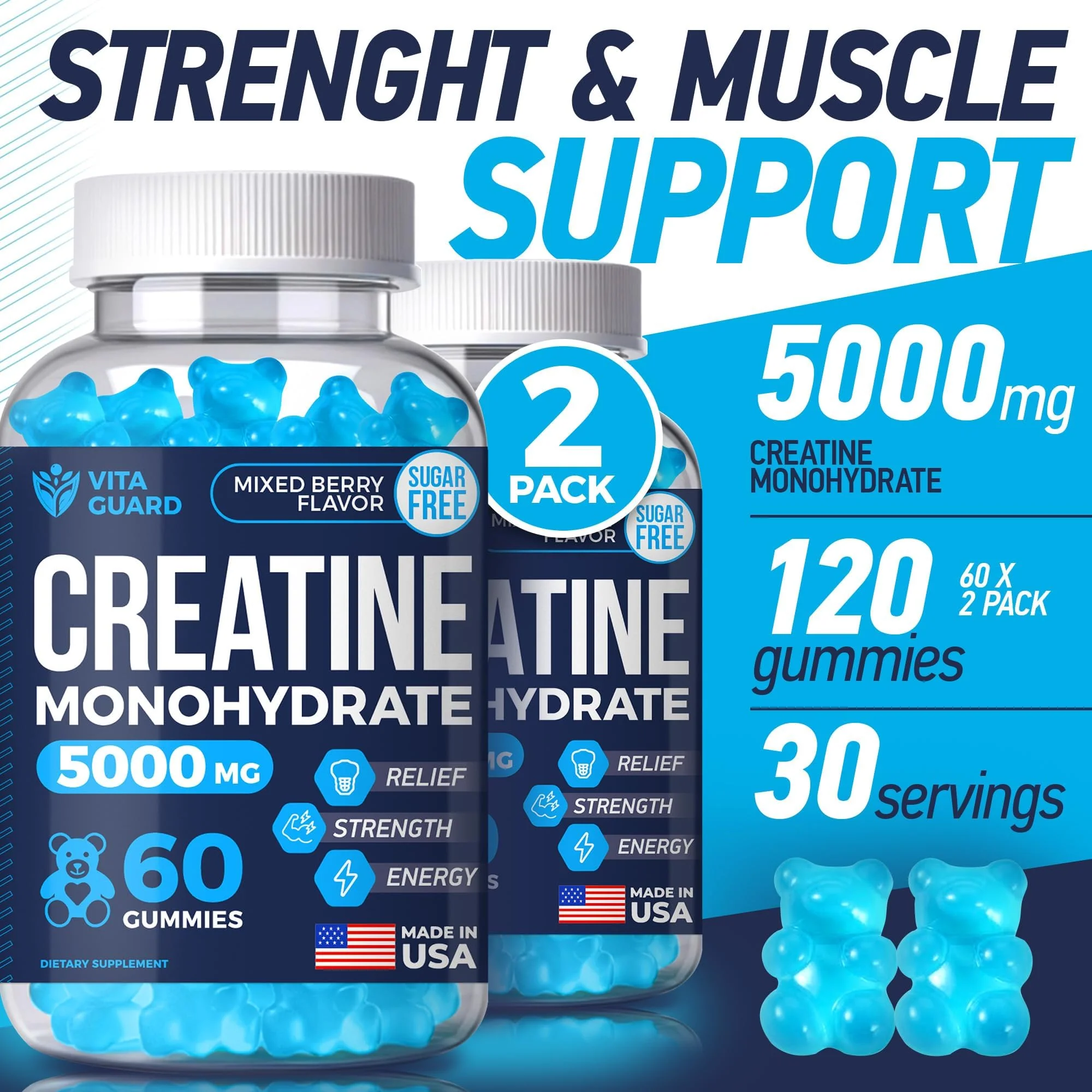 Vita Guard 5000mg Creatine Monohydrate Gummies Formula for Men and Women Ultimate Muscle Builder, Energy Booster & Pre-Workout Supplement (2 Pack) - Image 3