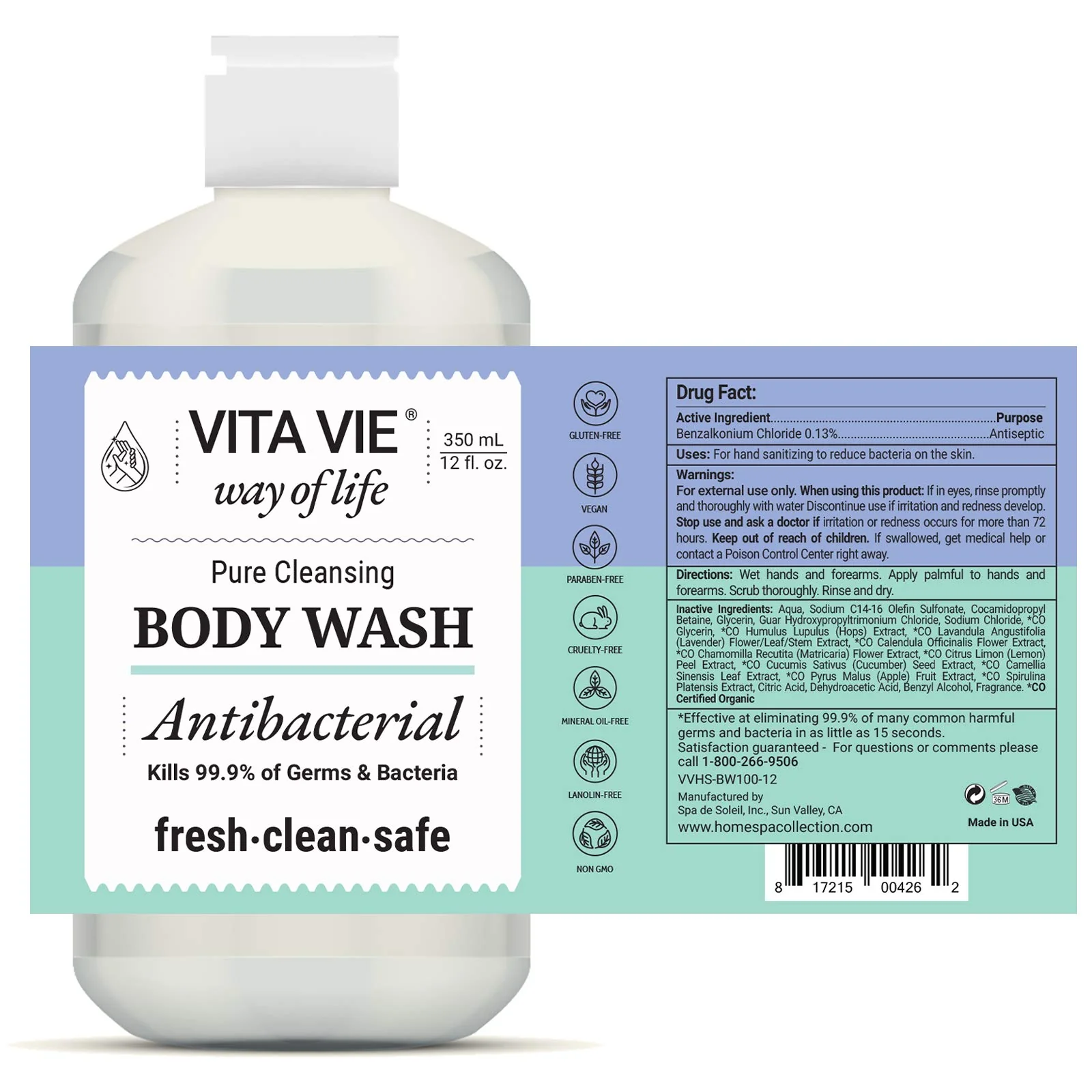 VITA VIE Body Wash, Lemon Scent, Antibacterial Soap for Hands and Forearms With Hazel, Willow Bark Extract, and Tea Tree Oil, Clean Nourishing Formula, Vegan, Paraben Free, Non GMO, 12 FL Oz, 2 Pack - Image 4