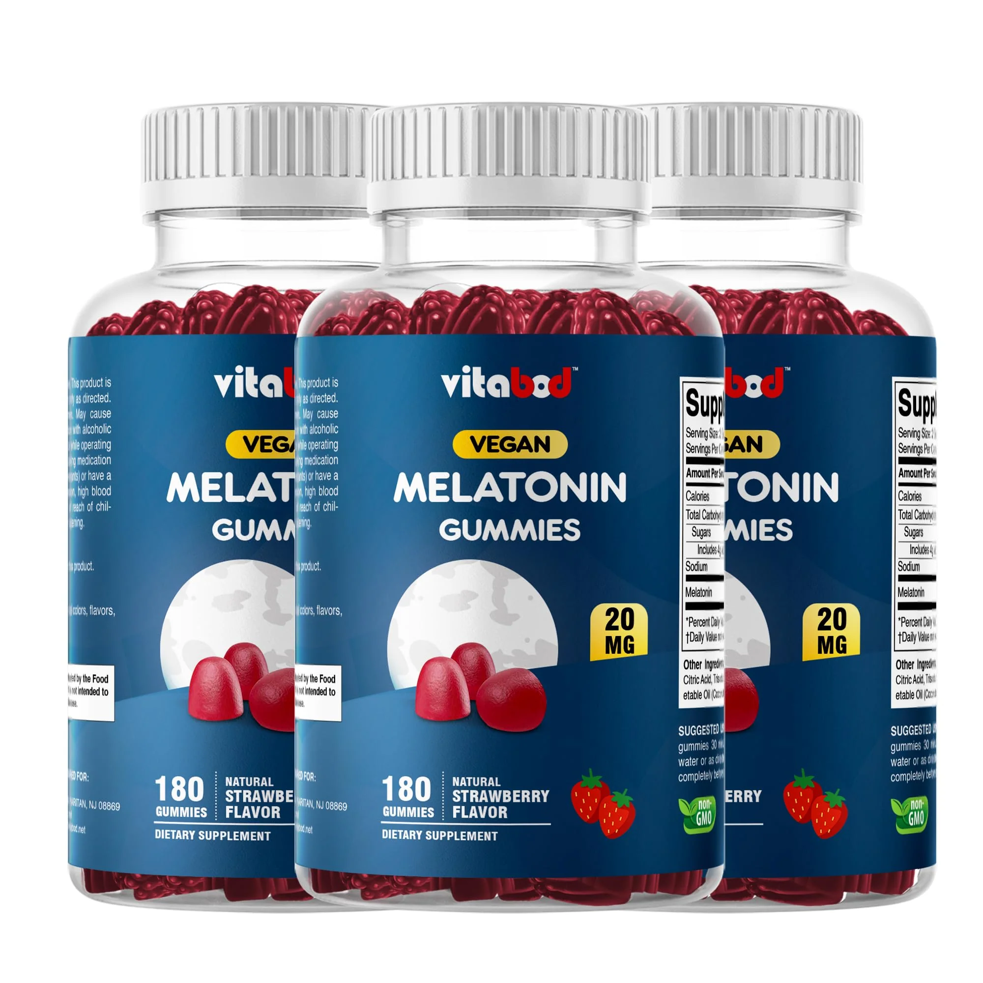 Vitabod Melatonin 20mg Gummies - 180 Count - Drug Free - Natural Strawberry Flavor - Vegetarian, Non-GMO, Gluten Free (3 Bottles)