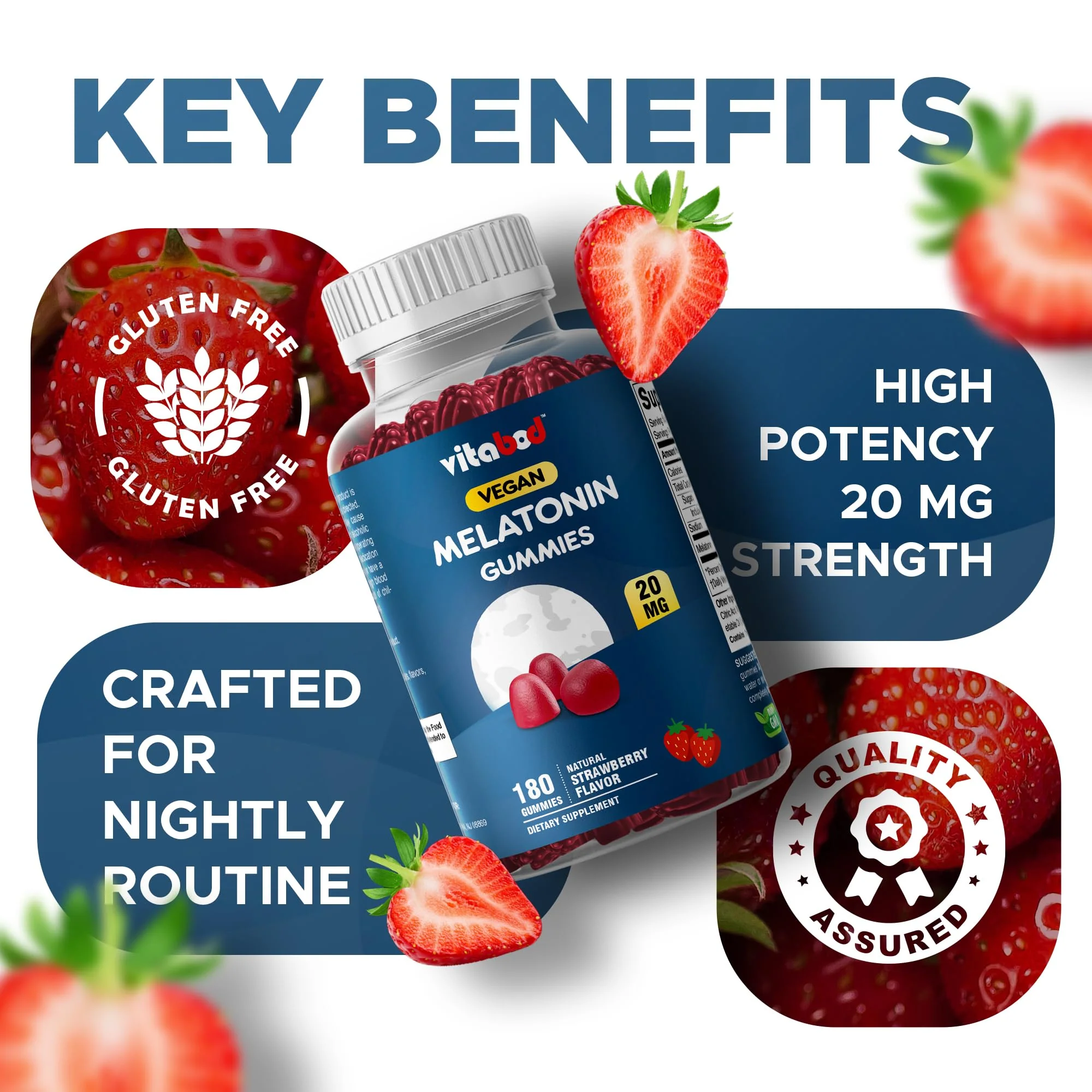 Vitabod Melatonin 20mg Gummies - 180 Count - Drug Free - Natural Strawberry Flavor - Vegetarian, Non-GMO, Gluten Free (3 Bottles) - Image 6