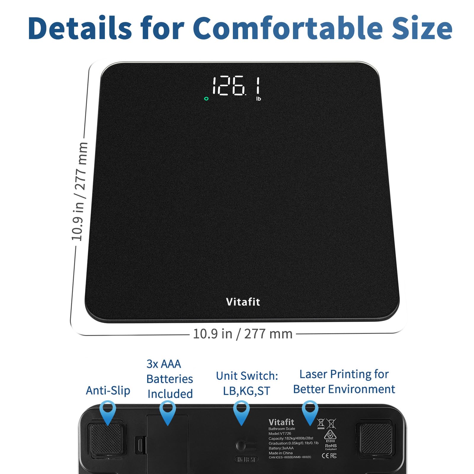 Vitafit Scale for Body Weight, High Accuracy 0.1lb by Our Professional Factory Since 2001, Digital Weight Scale LED and Step On, 3*AAA Batteries Included, 400lb/182kg, Spray Silver Black - Image 7