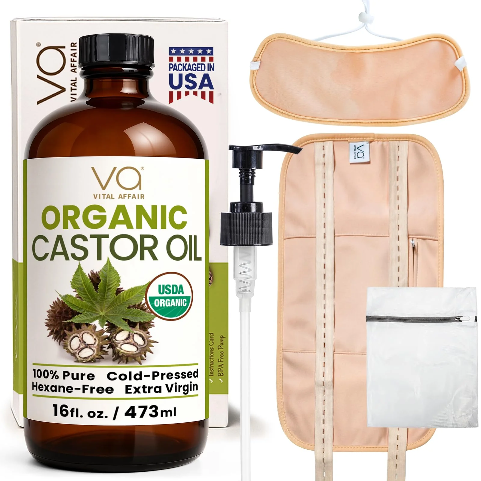 VITAL AFFAIR Castor Oil Cold Pressed Pure Glass Bottle Castor Oil with Flannel 100% Cotton Organic Castor Oil Packaging - Image 2